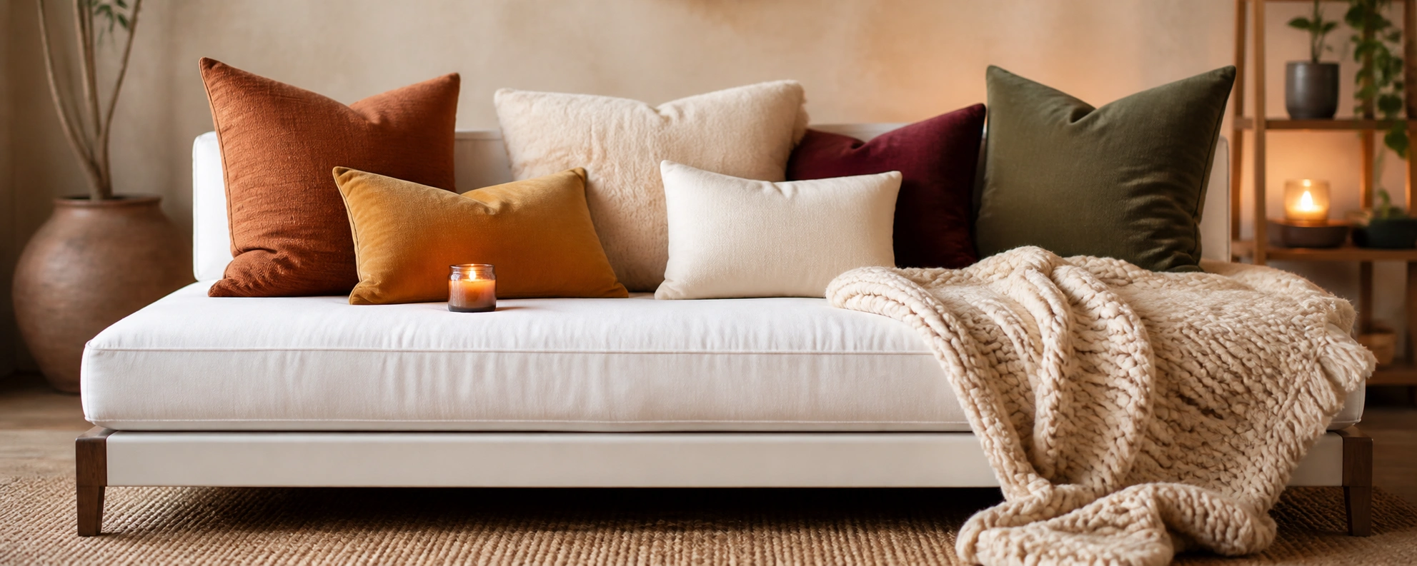 Cozy daybed styling with layered pillows, knit blanket, and warm tones