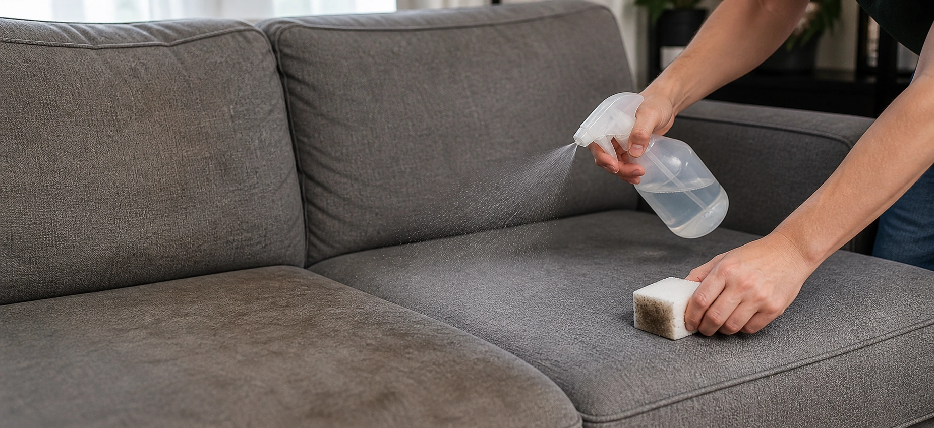 Process of deep cleaning microfiber sofa with spray bottle and white sponge