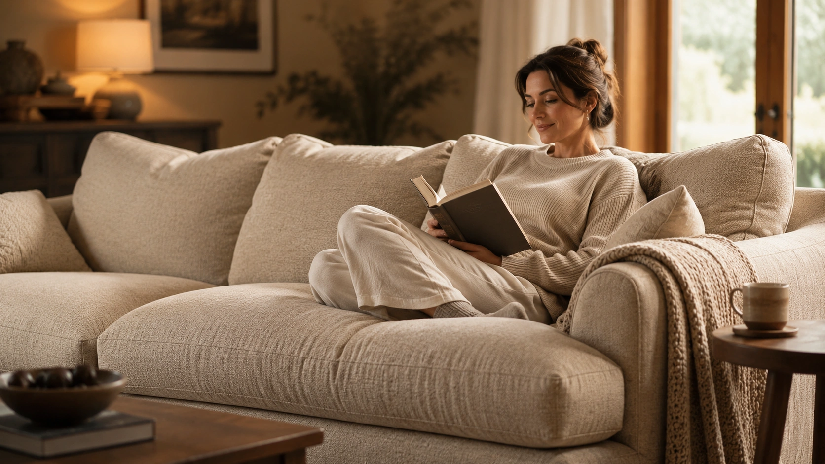 Person lounging comfortably on a deep seat sofa