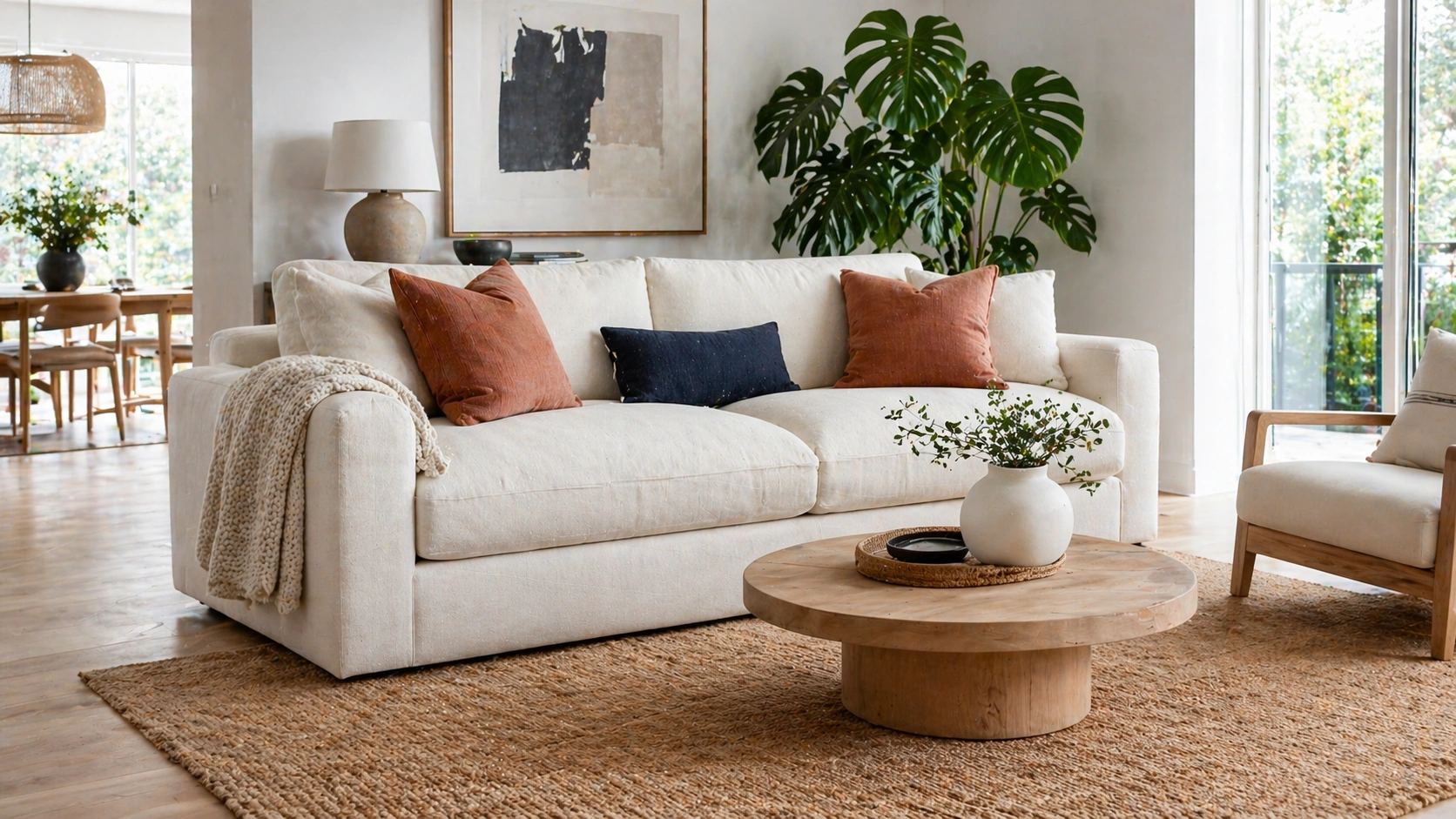 Deep seat sofa styled in a modern living room with pillows and ottoman