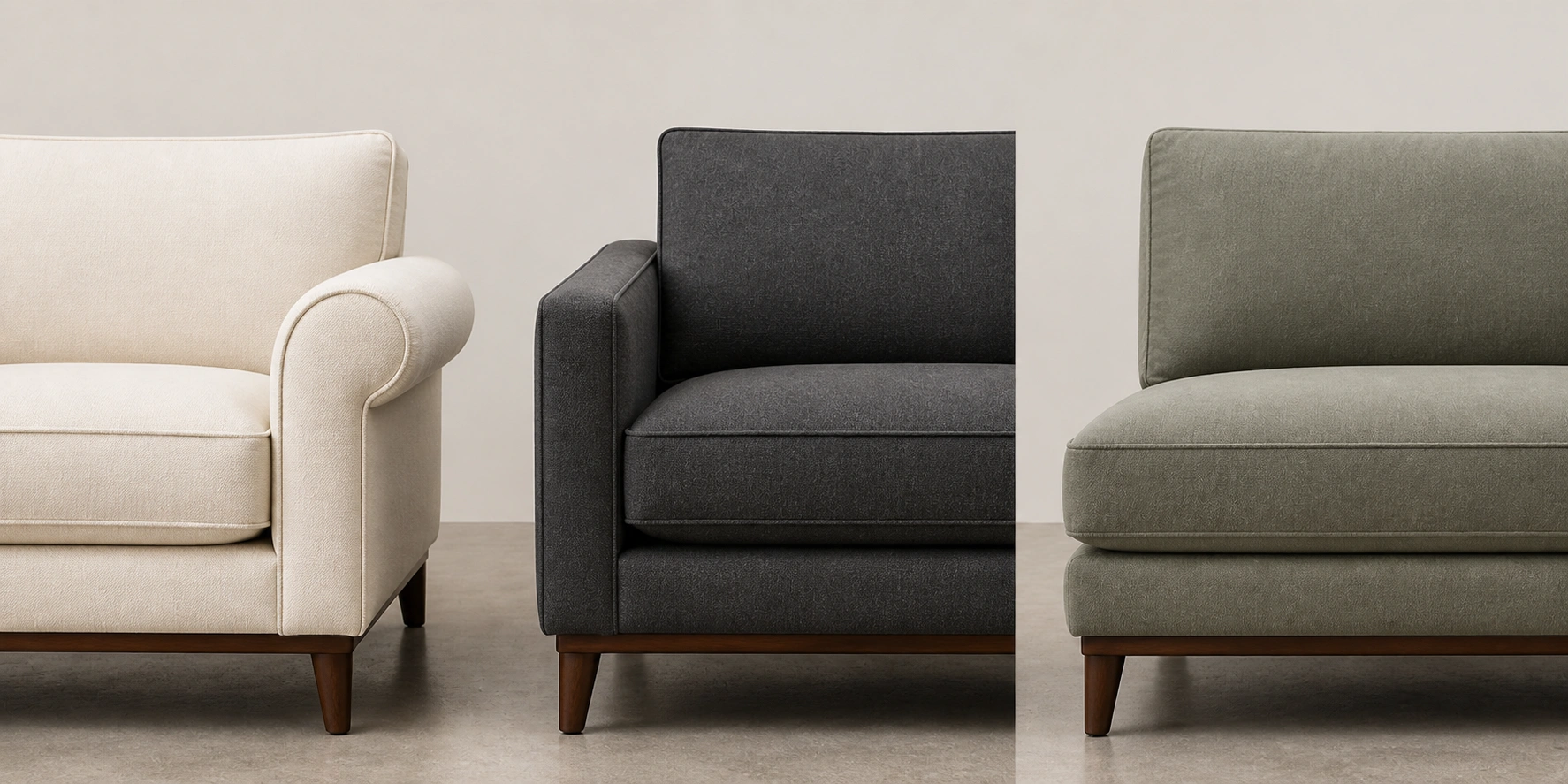 Comparison of rolled arm track arm and armless sofa styles side by side