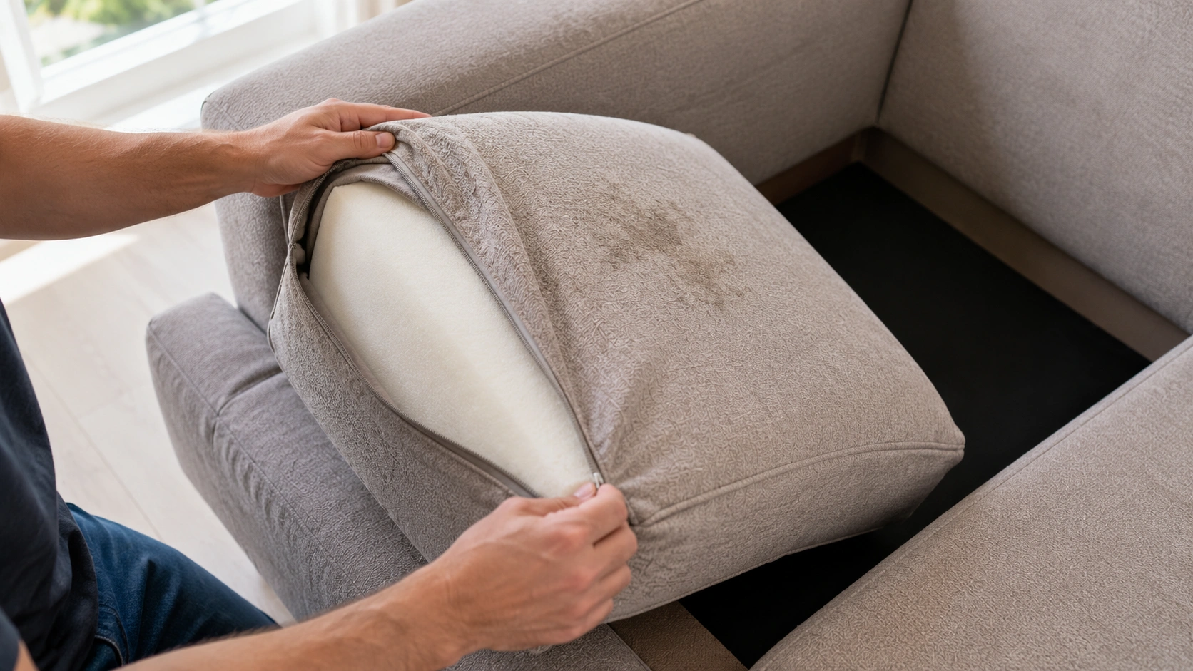 Removing sofa cushion covers to inspect foam for odor source identification