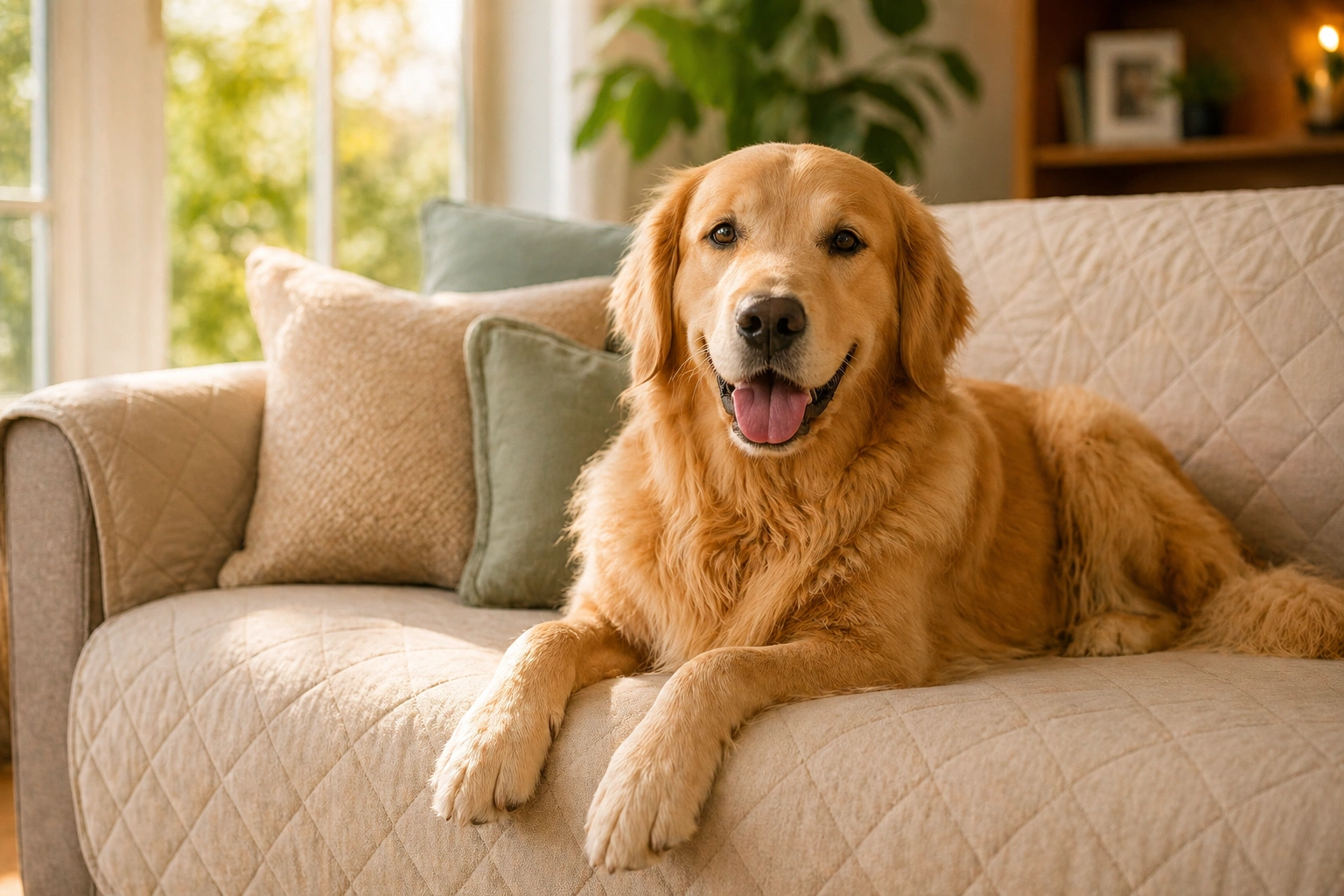 Dog resting on a fabric protected sofa without damage