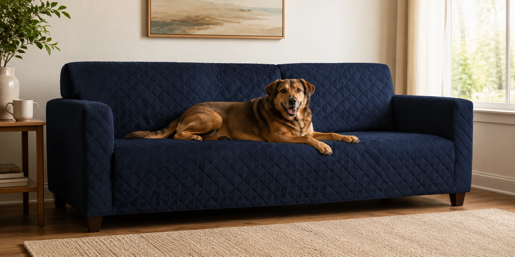 Happy dog resting on a living room sofa protected with a fitted pet-proof cover