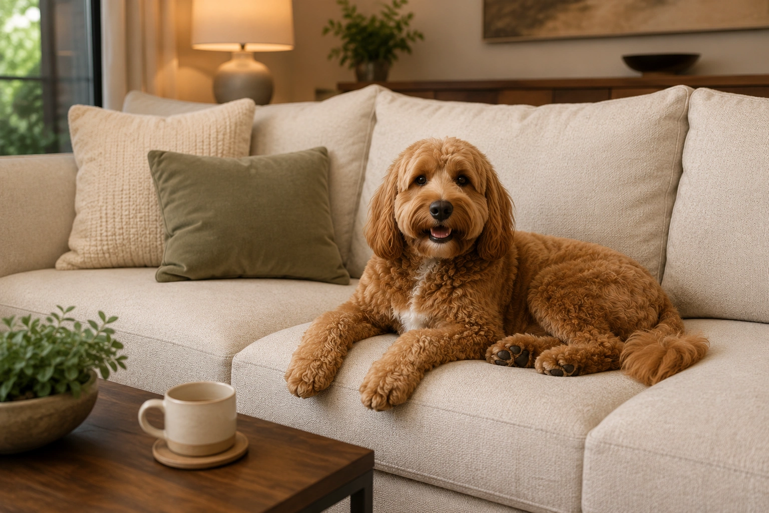 Happy dog resting on a durable pet-friendly sofa in a cozy living room