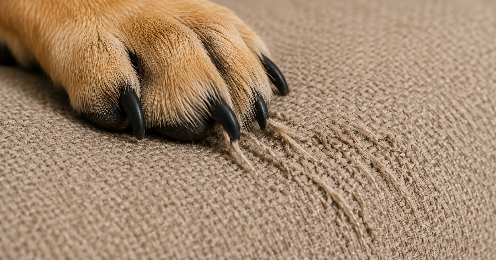Close-up of dog claws on sofa fabric showing scratch damage texture
