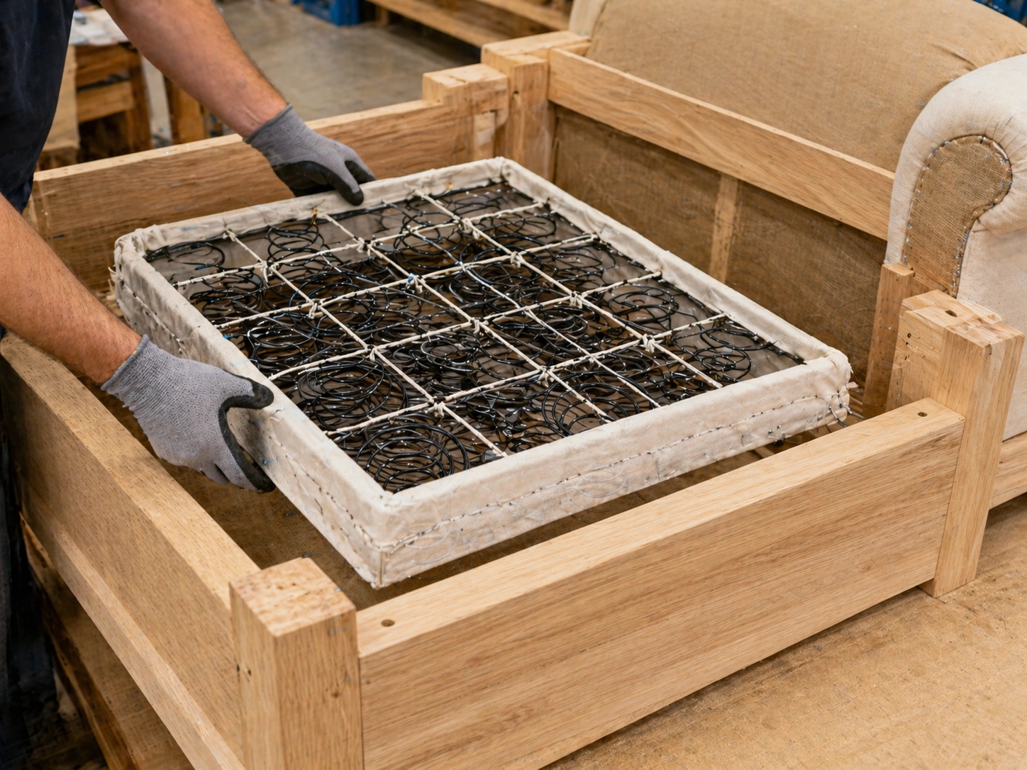 Pre-assembled drop-in coil spring unit being installed in sofa
