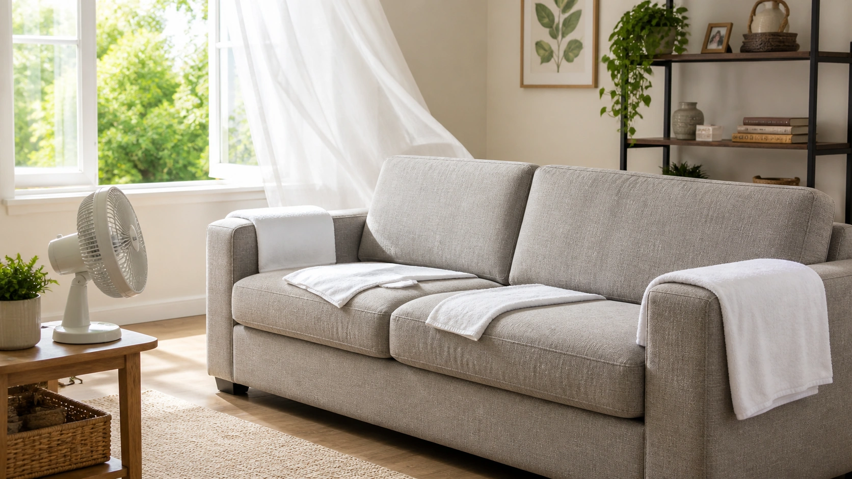 Properly drying a fabric sofa after cleaning with fans and airflow