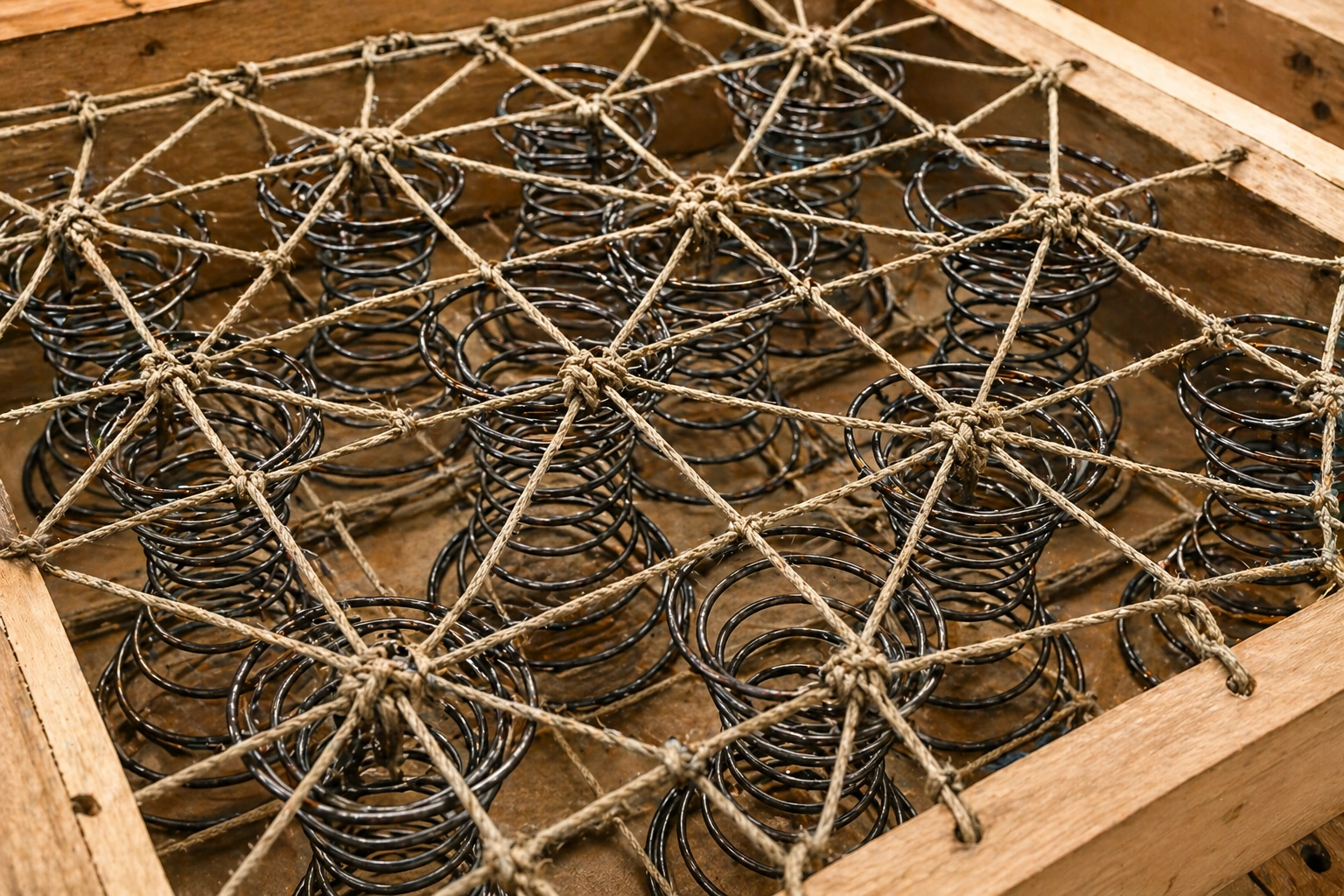 Eight-way hand-tied spring system with coils connected by twine in a sofa frame
