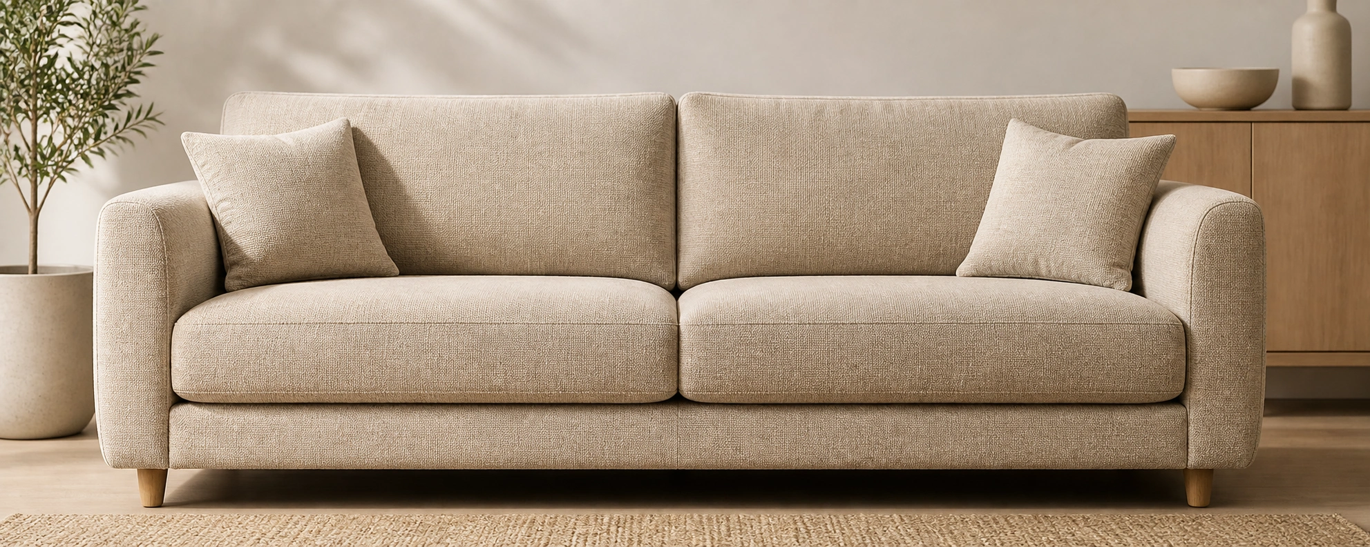 Cotton fabric sofa in neutral beige tone