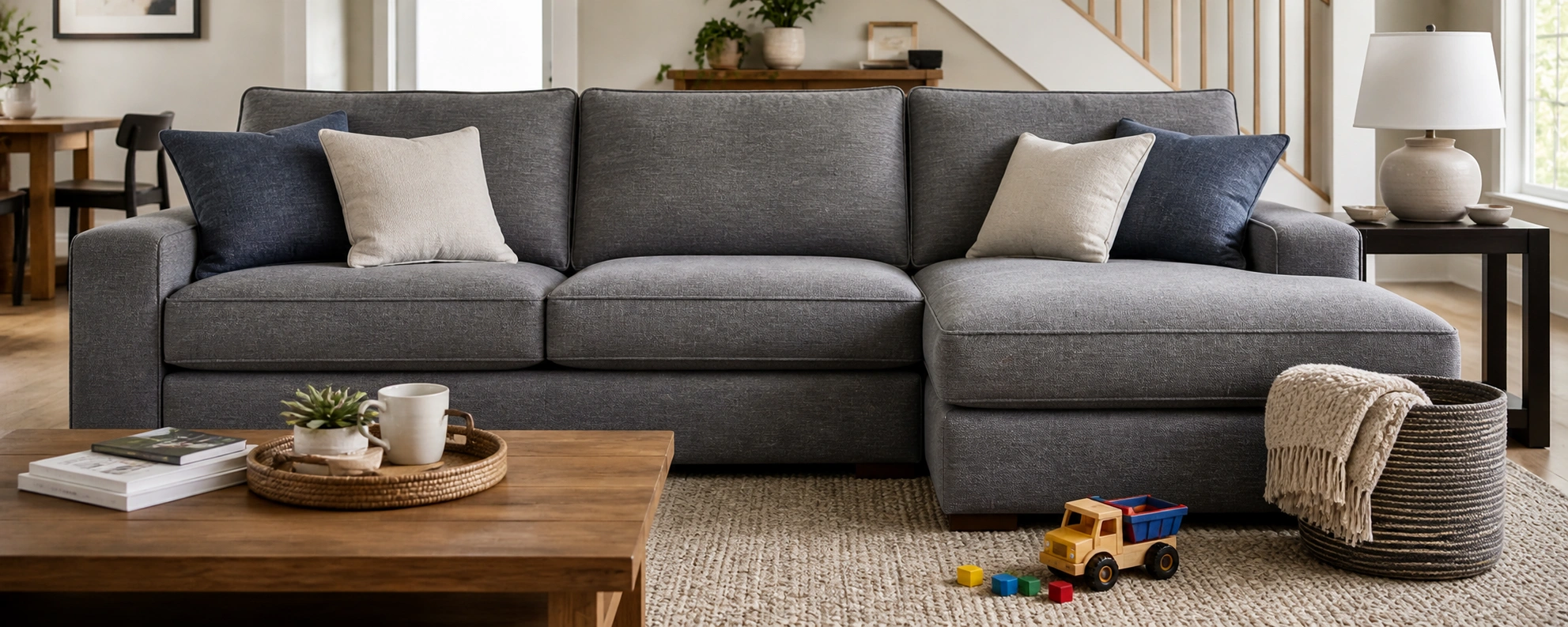 Performance fabric sofa in family room setting