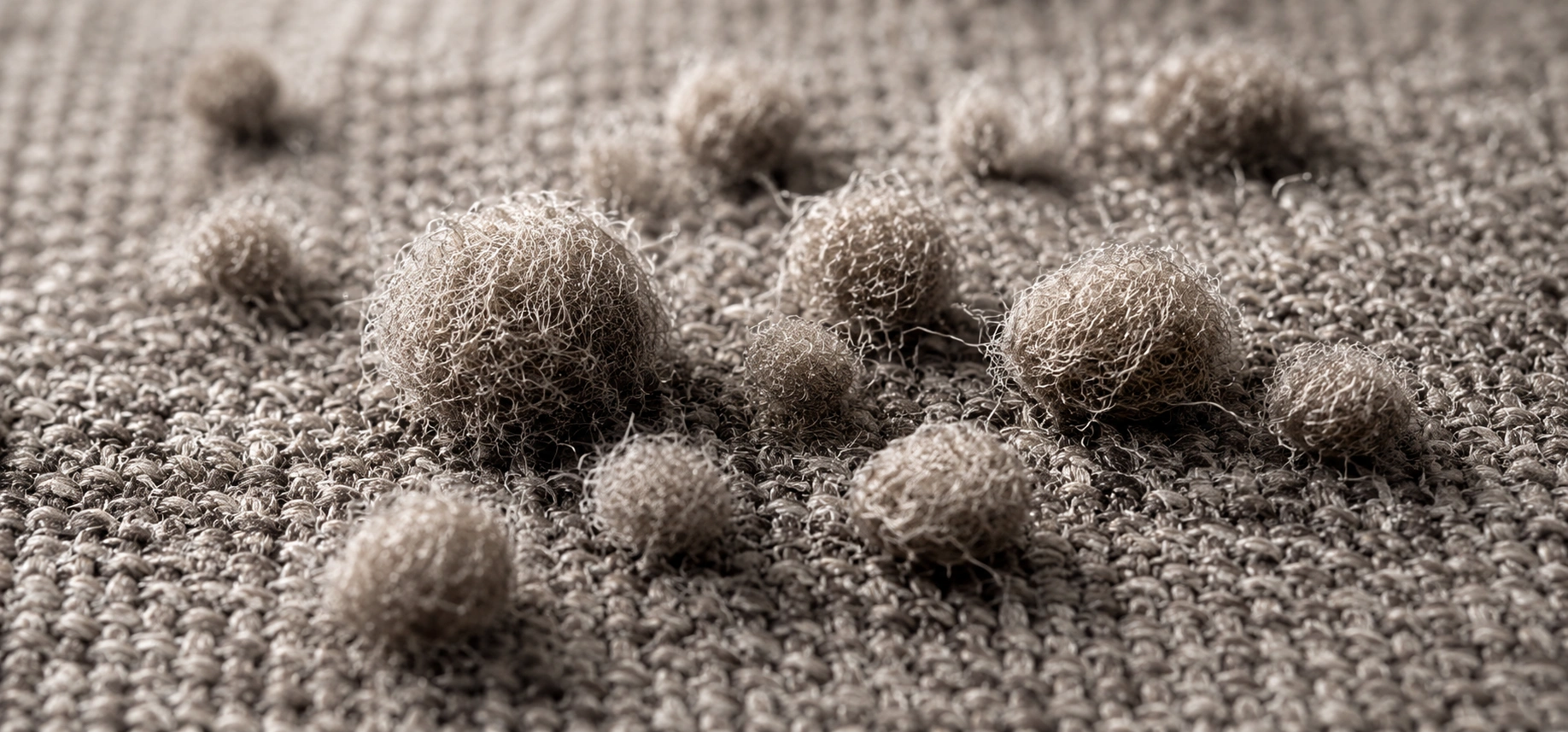 Close-up of fabric pilling on sofa upholstery showing small fiber balls