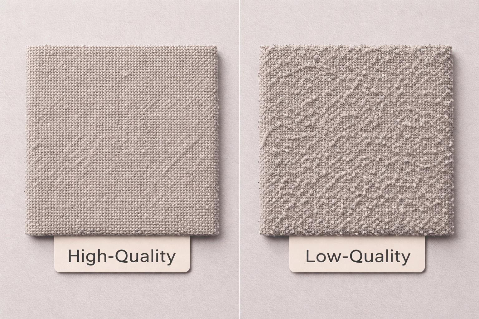Side by side comparison of pilling on high quality versus low quality sofa fabric
