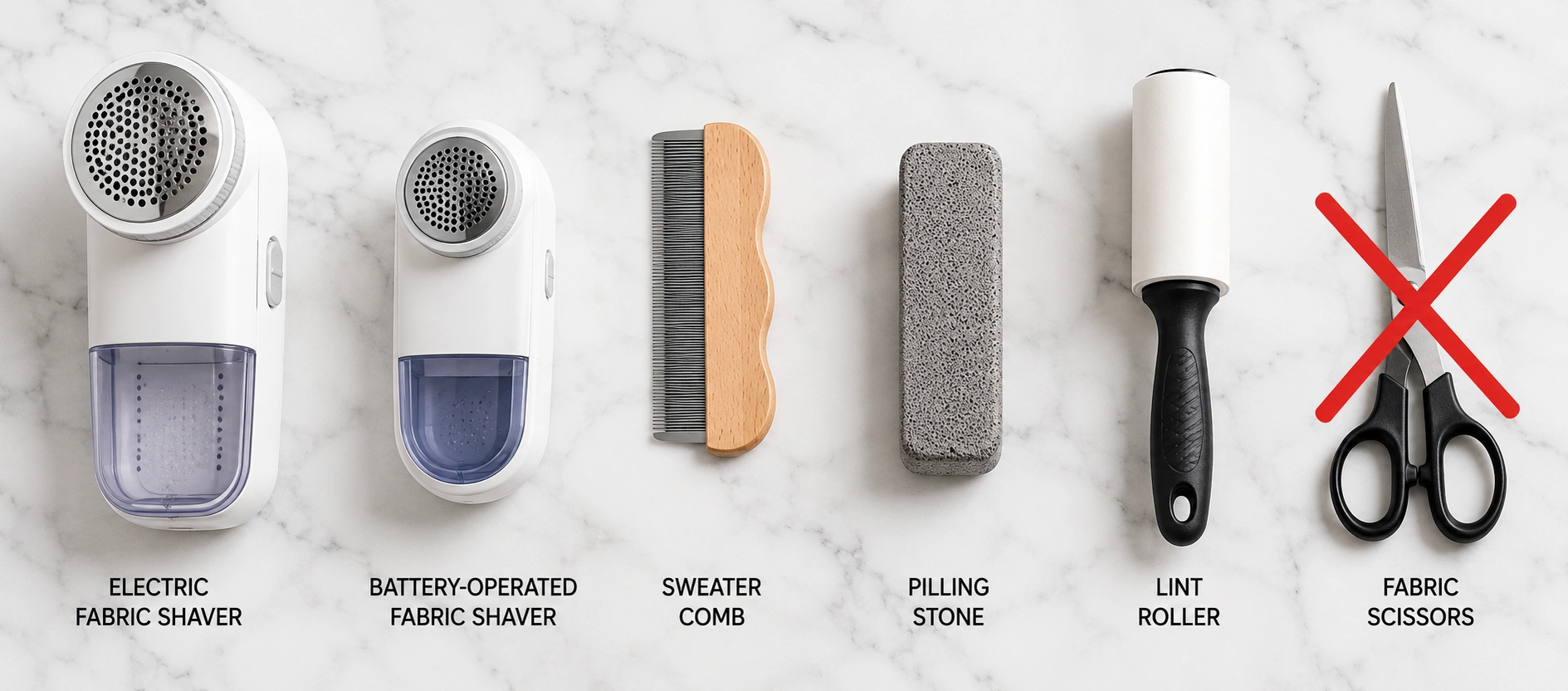 Collection of fabric pilling removal tools including electric shaver sweater comb and lint roller