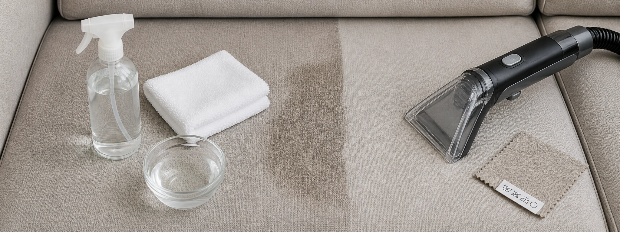 Process of cleaning a fabric sofa with proper tools and solutions