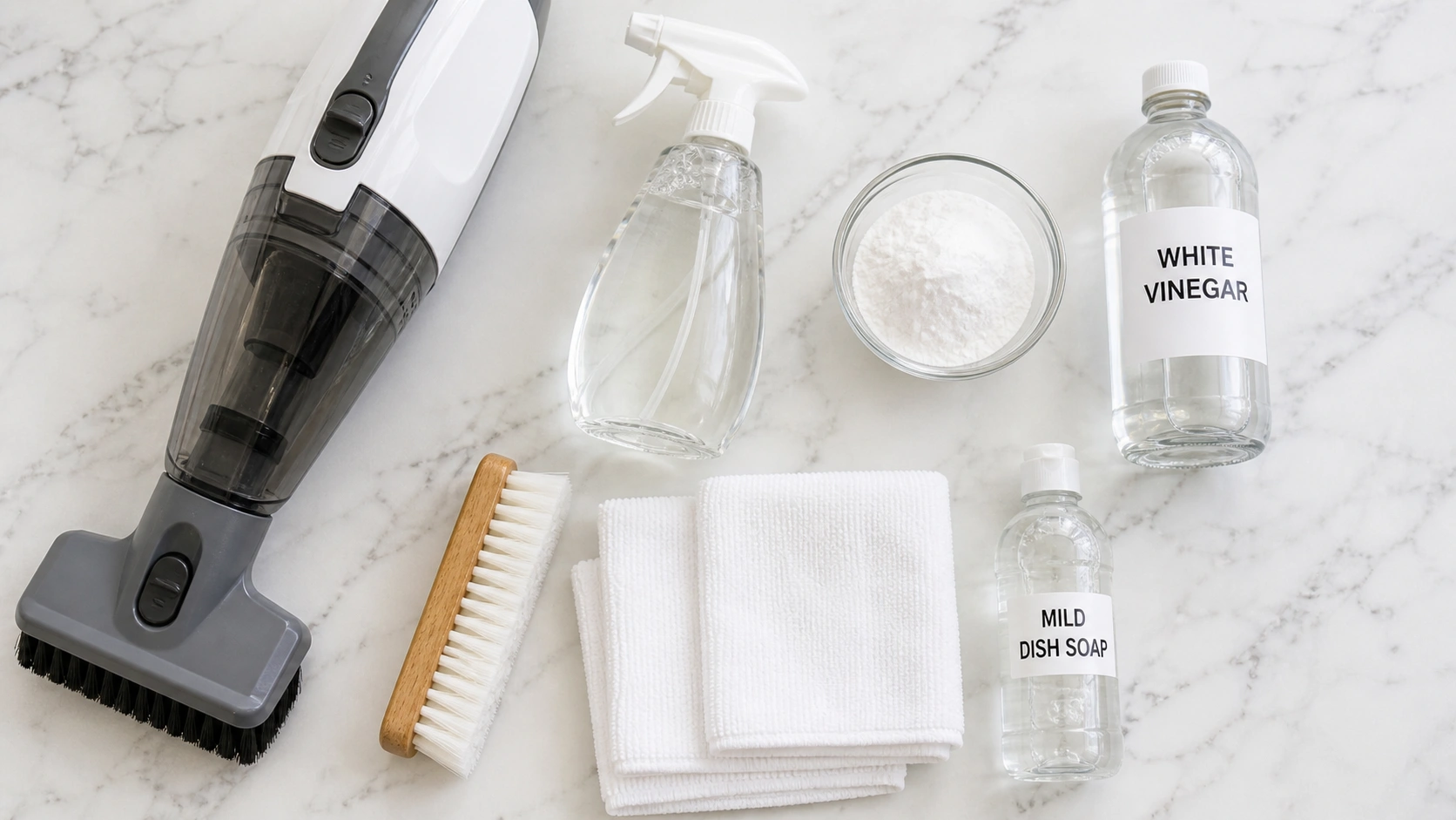 Essential tools and supplies for cleaning fabric sofa upholstery