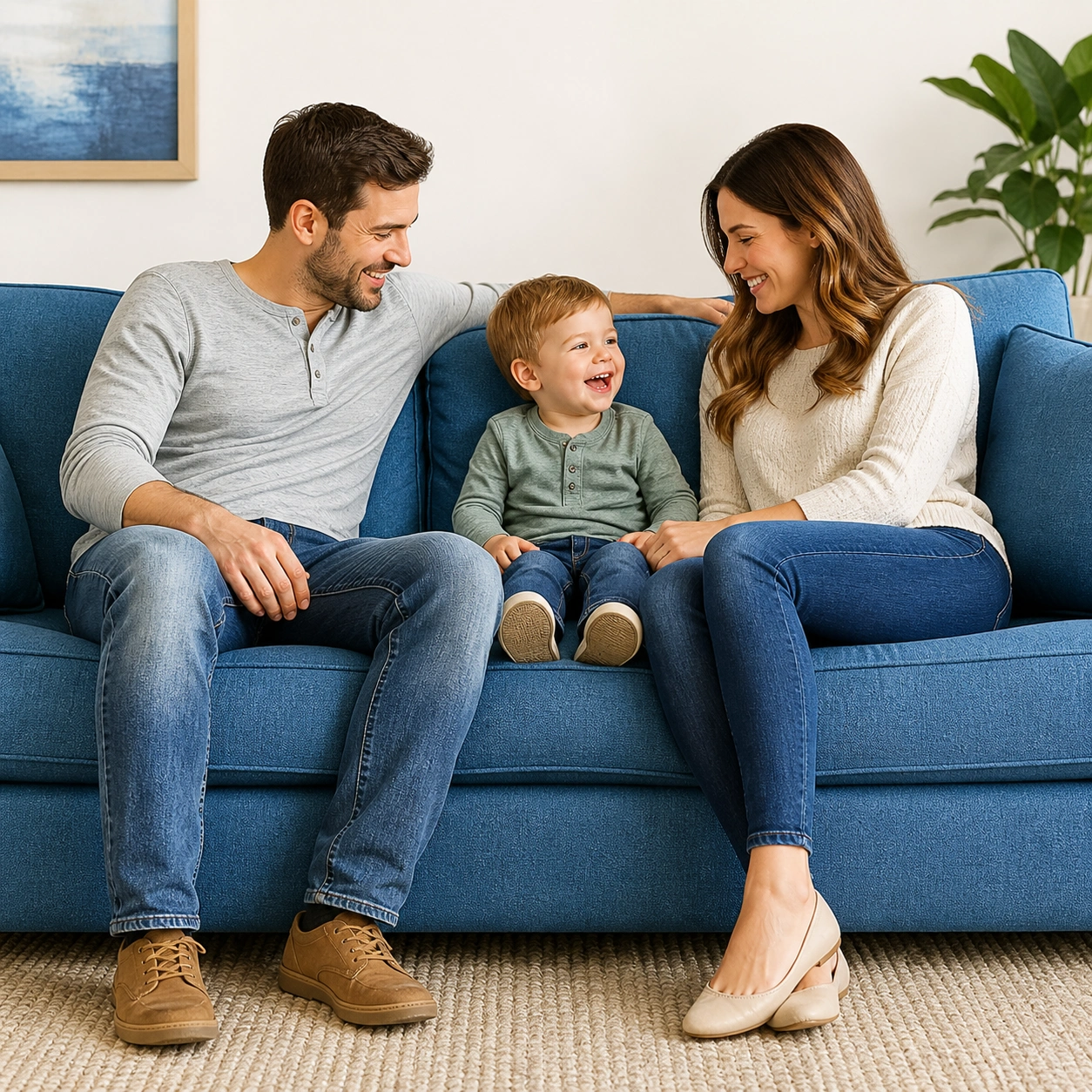 Family with children on fabric sofa