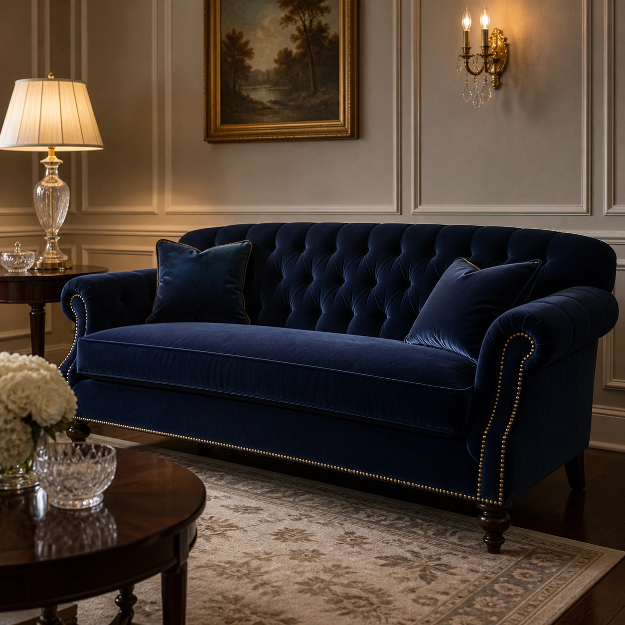 Elegant velvet fabric sofa in formal room