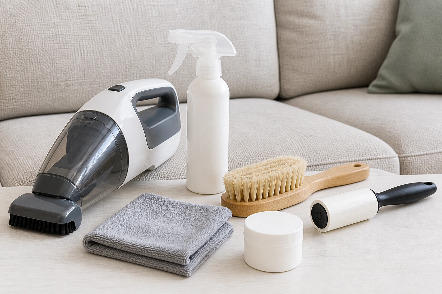 Fabric sofa maintenance tools including vacuum, cleaner, and brush