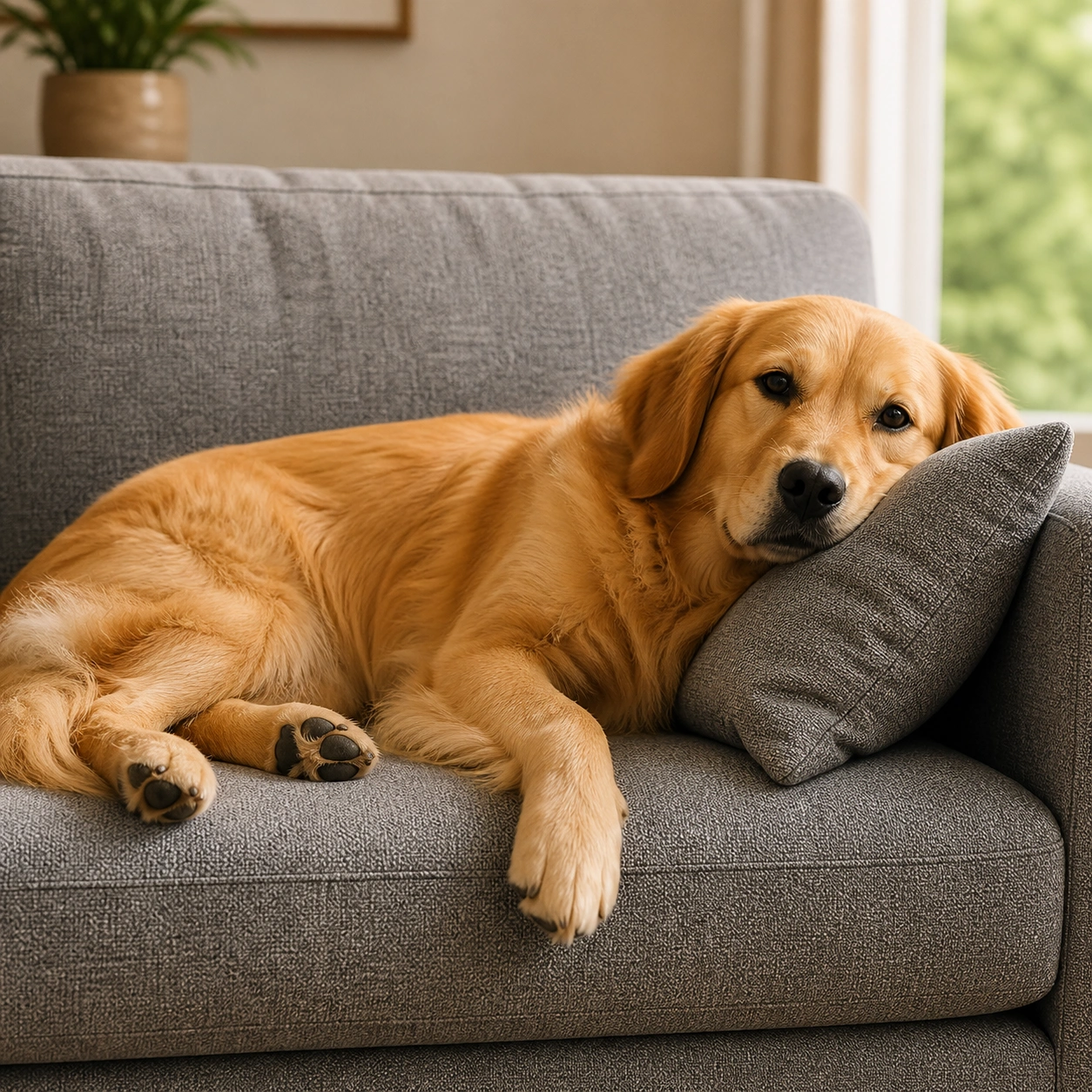 Dog resting on fabric sofa