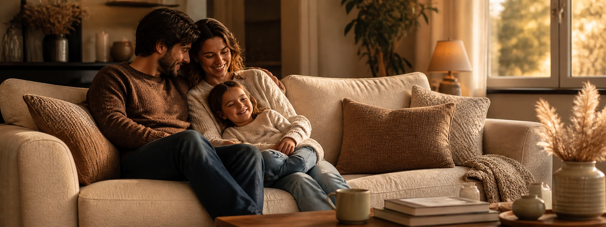 Family enjoying a fabric sofa in a cozy living room setting