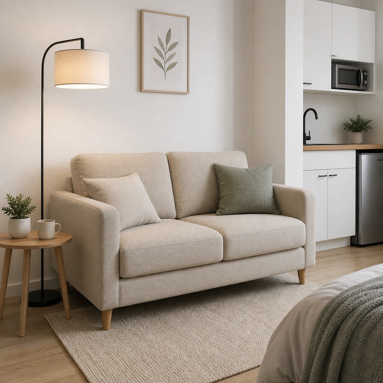 Compact fabric sofa in small apartment