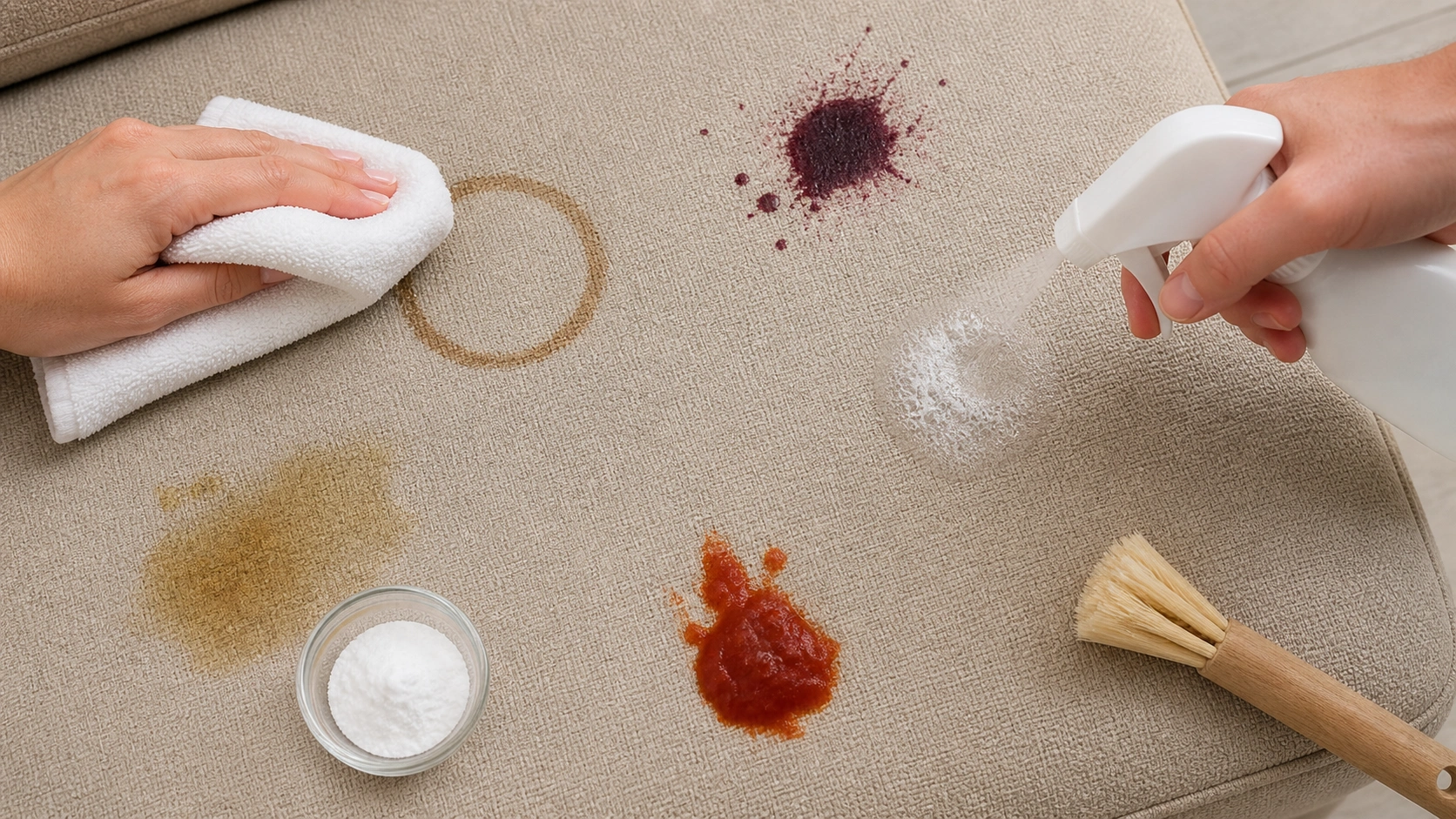 Removing different types of stains from fabric sofa upholstery