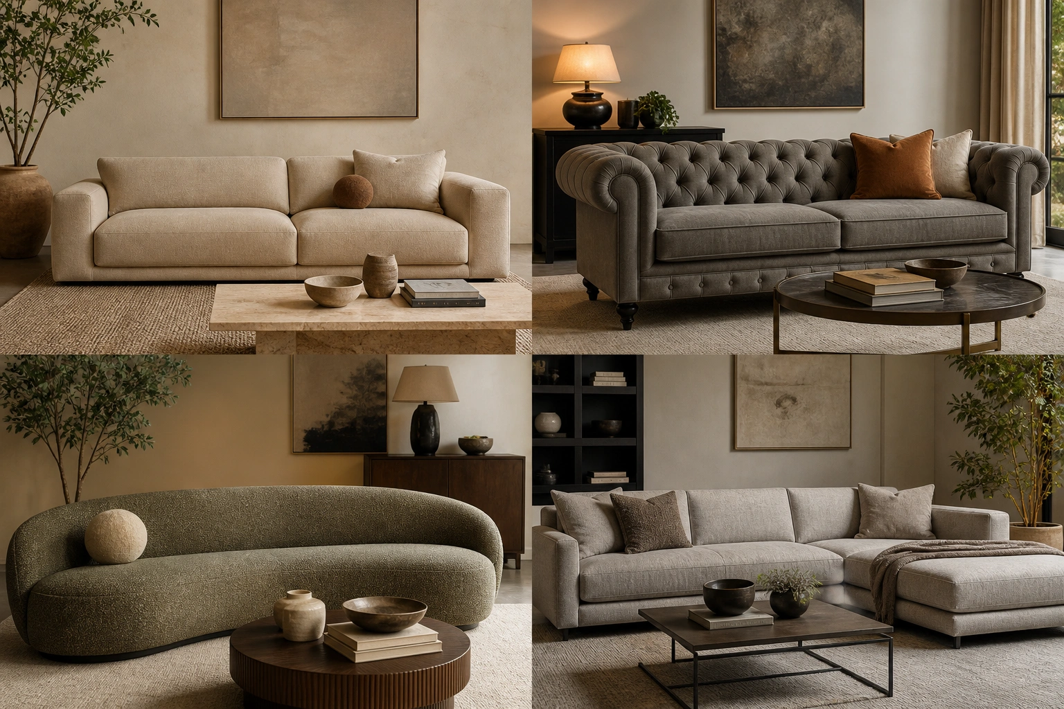 Collection of different fabric sofa styles from modern to tufted