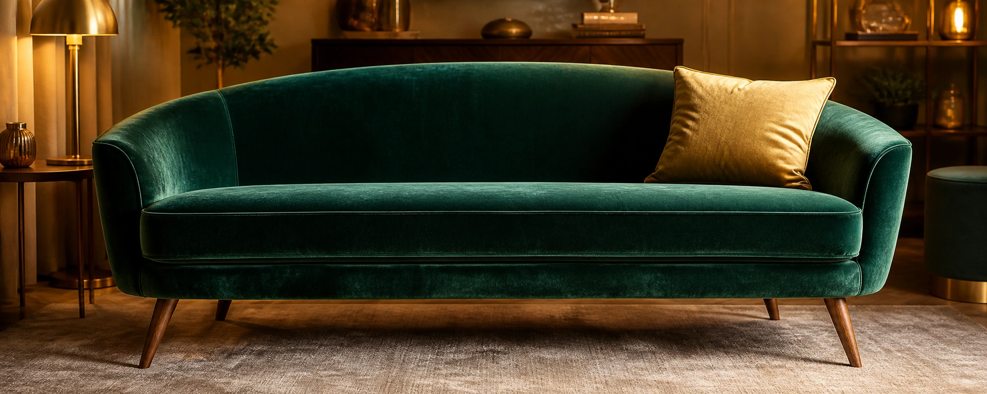 Velvet fabric sofa in deep emerald green