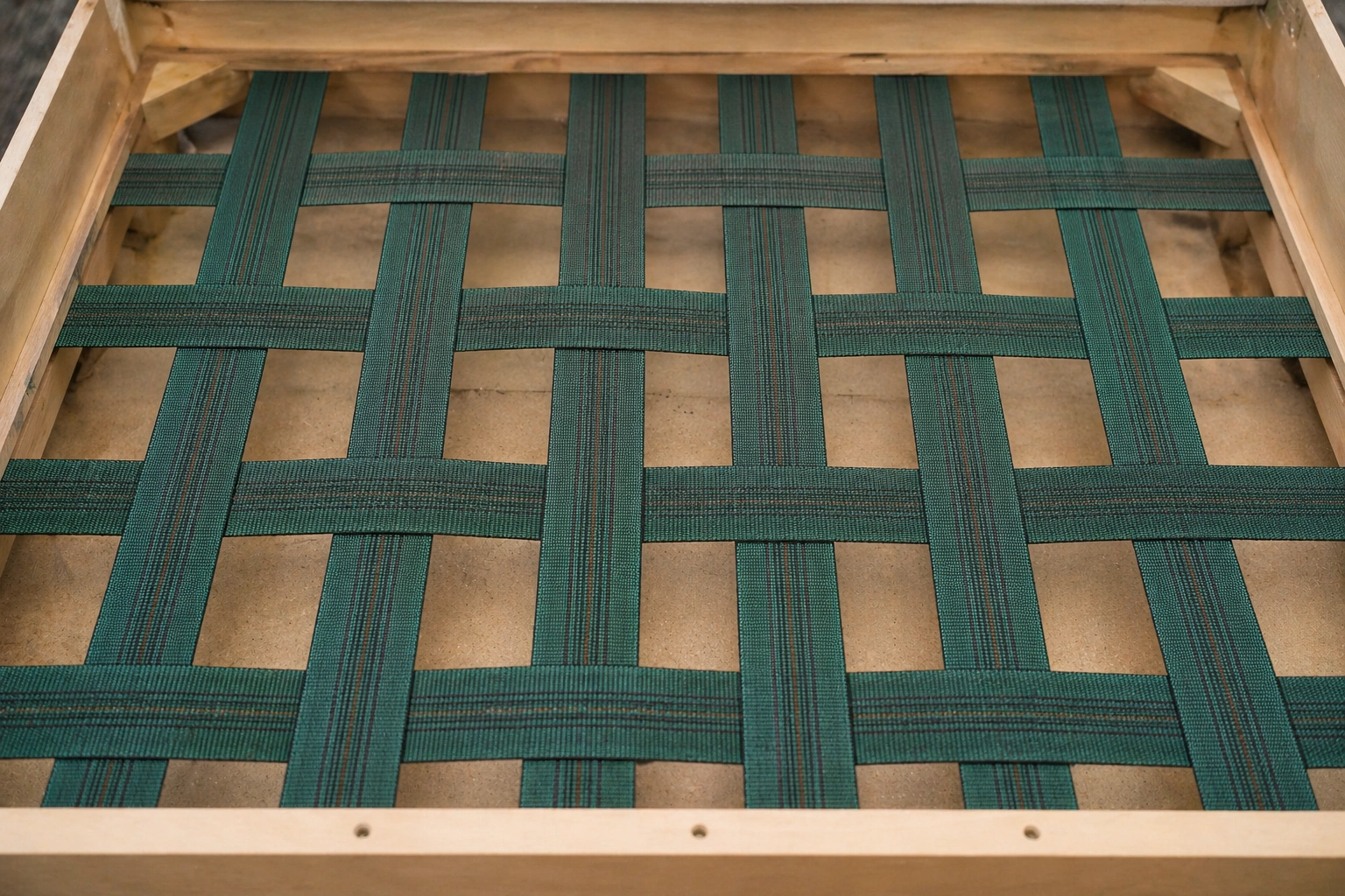 Woven fabric webbing strips forming the base support of a budget sofa