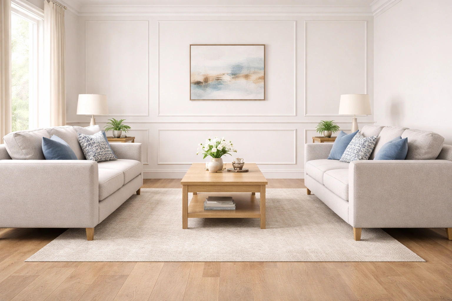 Two sofas facing each other with coffee table between them