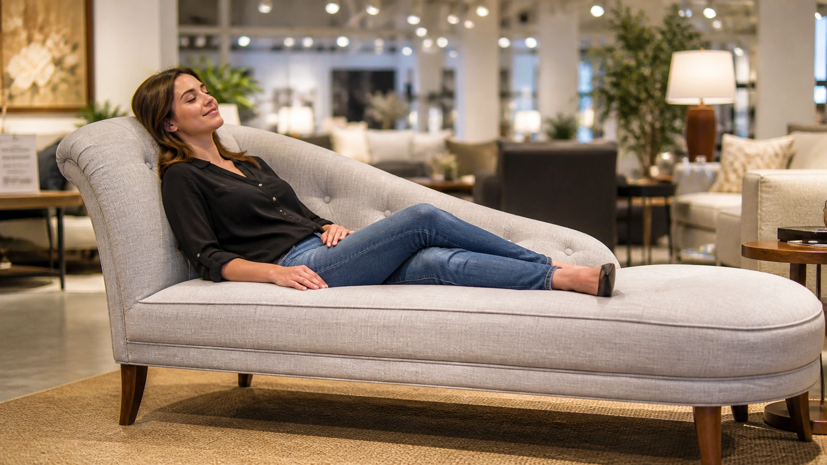 Person testing a fainting sofa in a furniture showroom checking comfort and frame quality