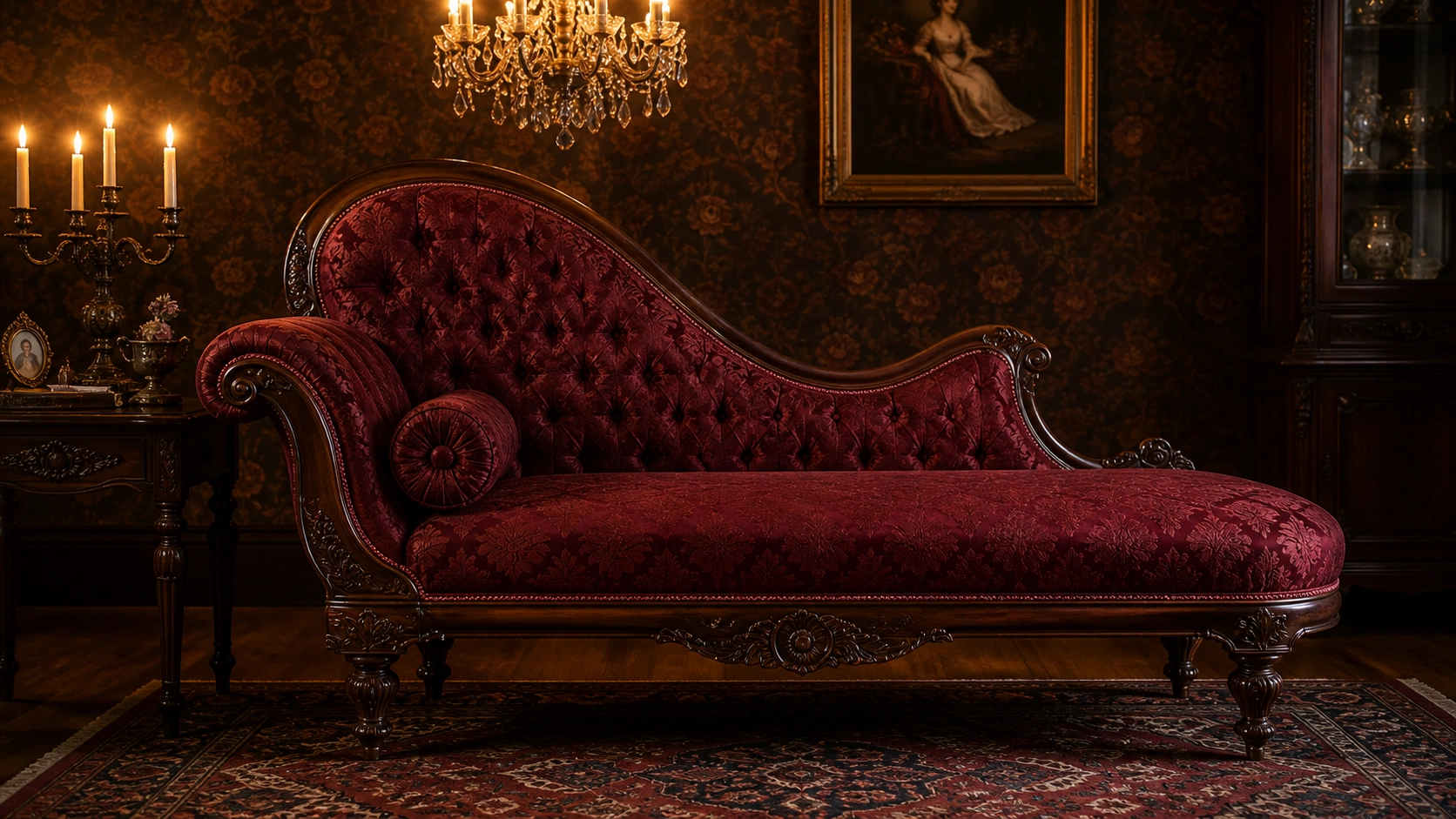 Victorian-era fainting sofa in an ornate parlor room setting with period decor