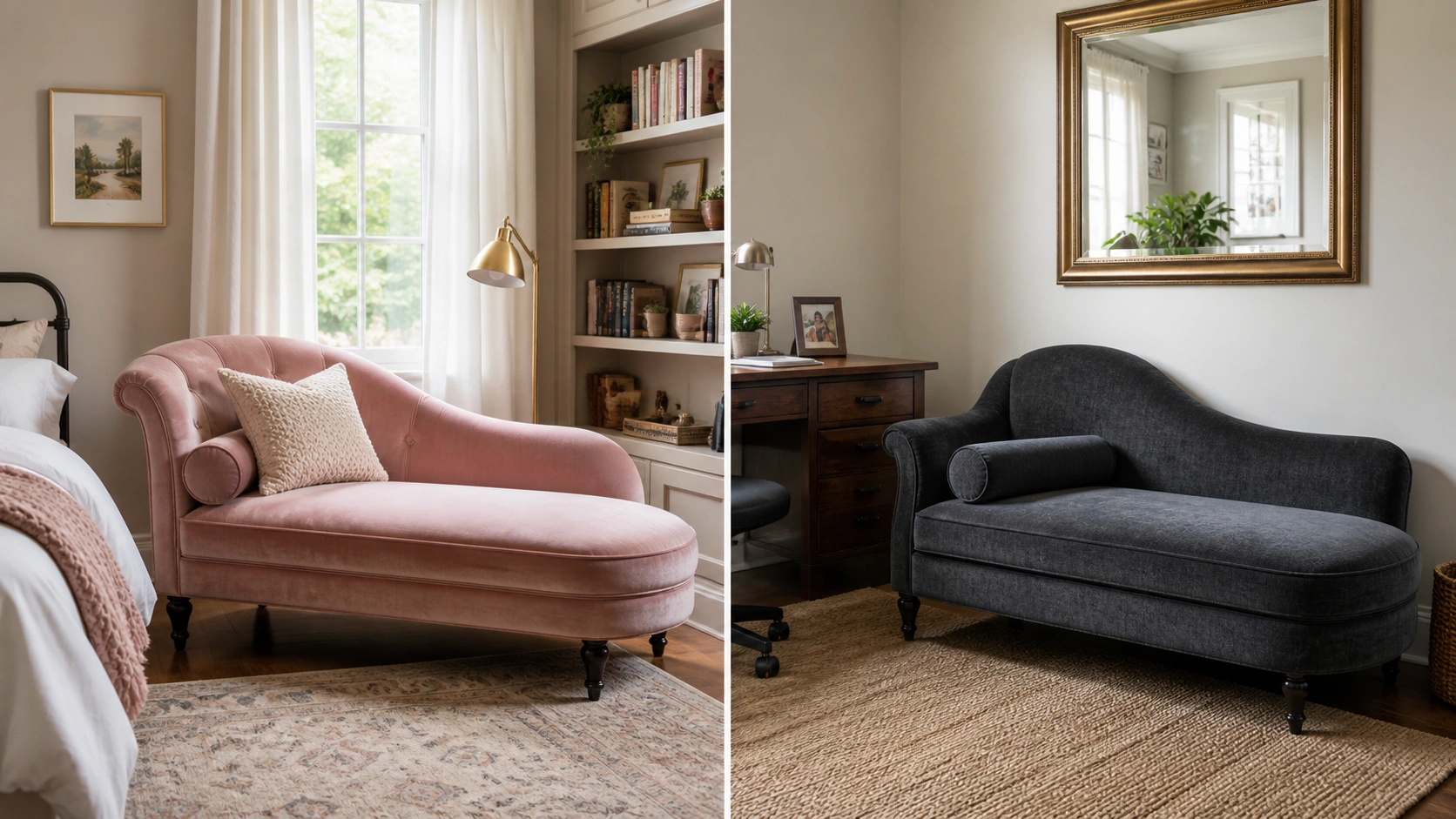 Fainting sofa placed in various room settings including bedroom, living room, and home office