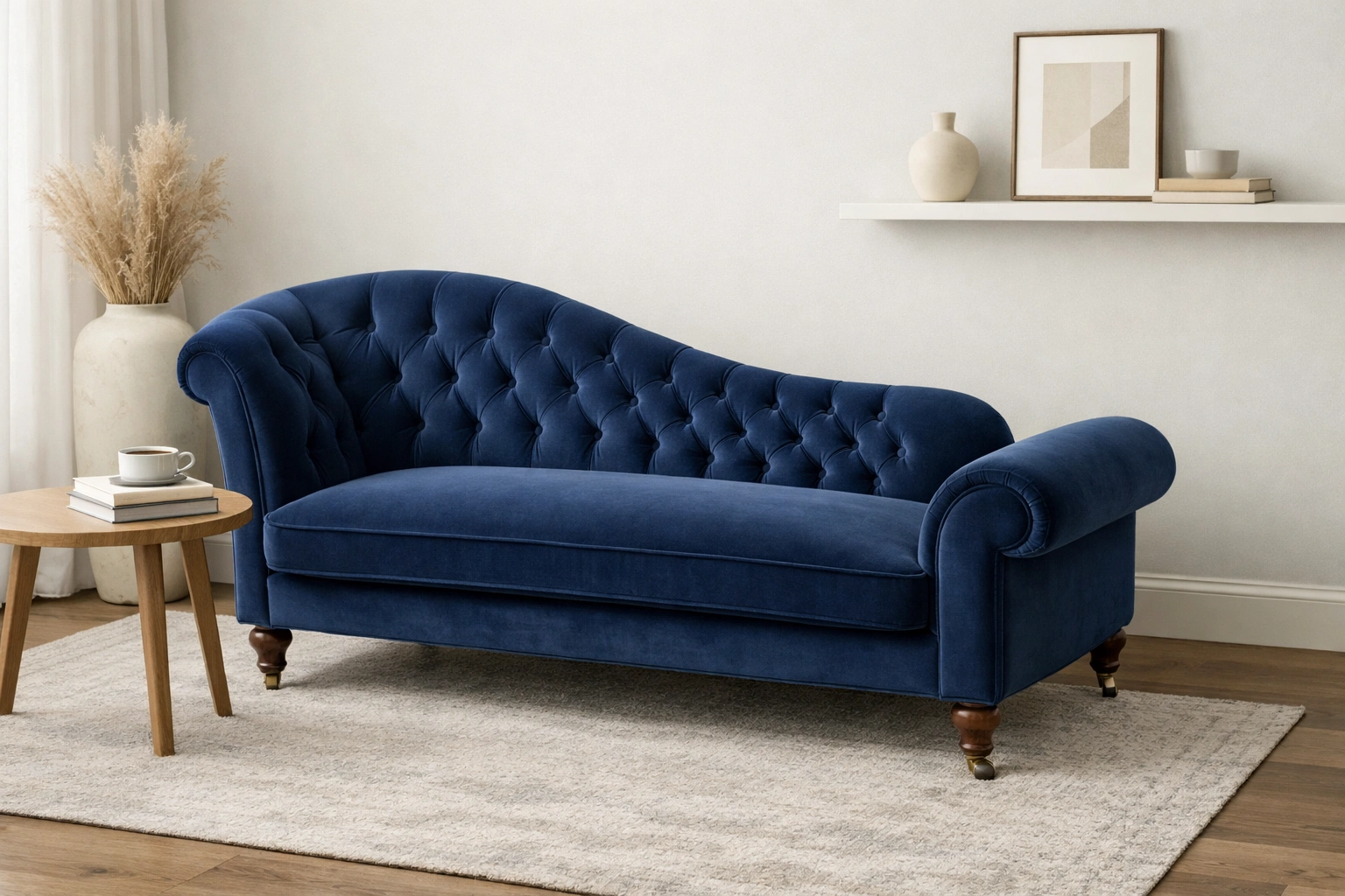 Elegant fainting sofa with curved back and tufted upholstery in a modern living room
