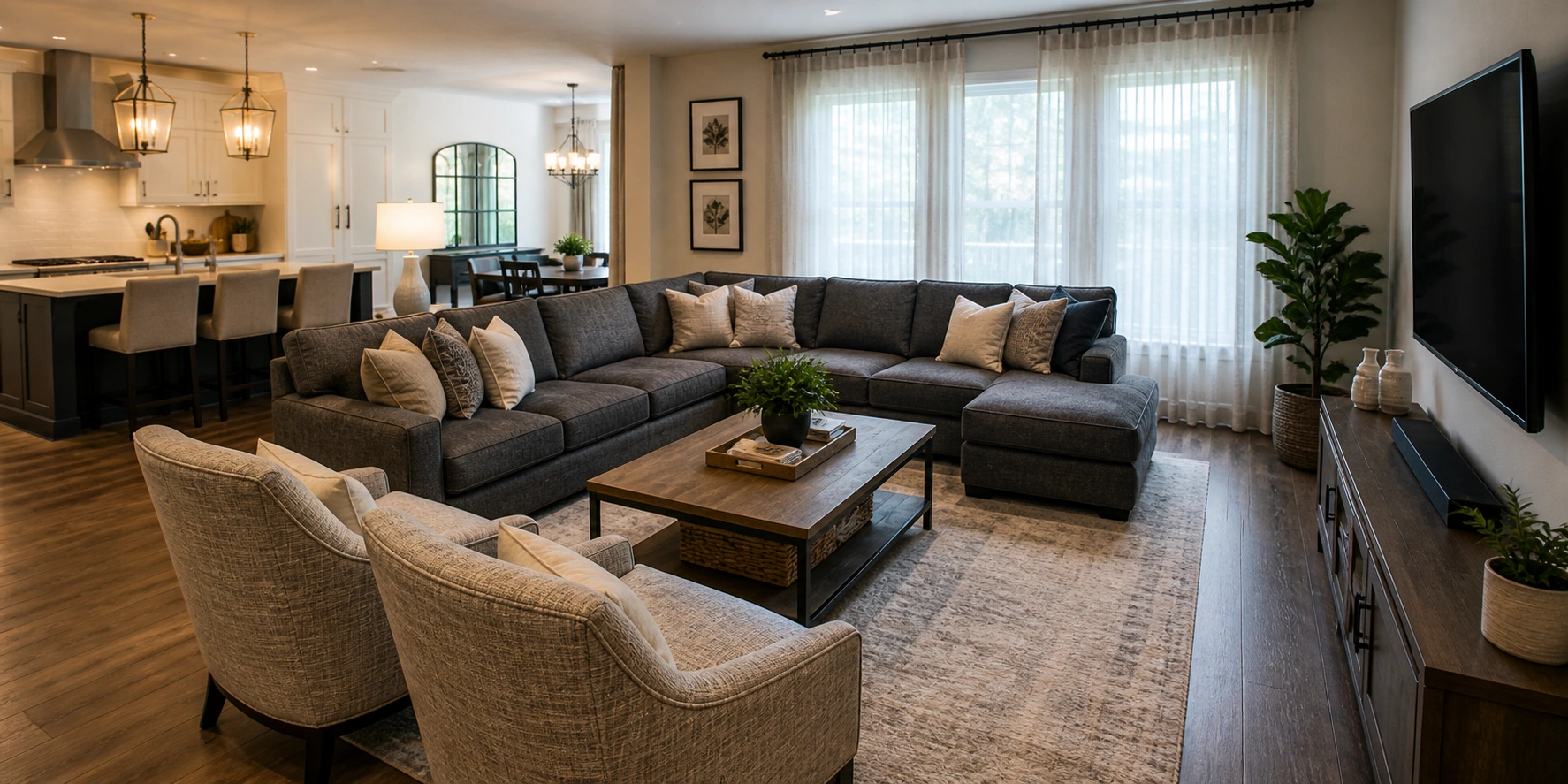 Large L-shaped sectional sofa in a family room with TV and open floor plan