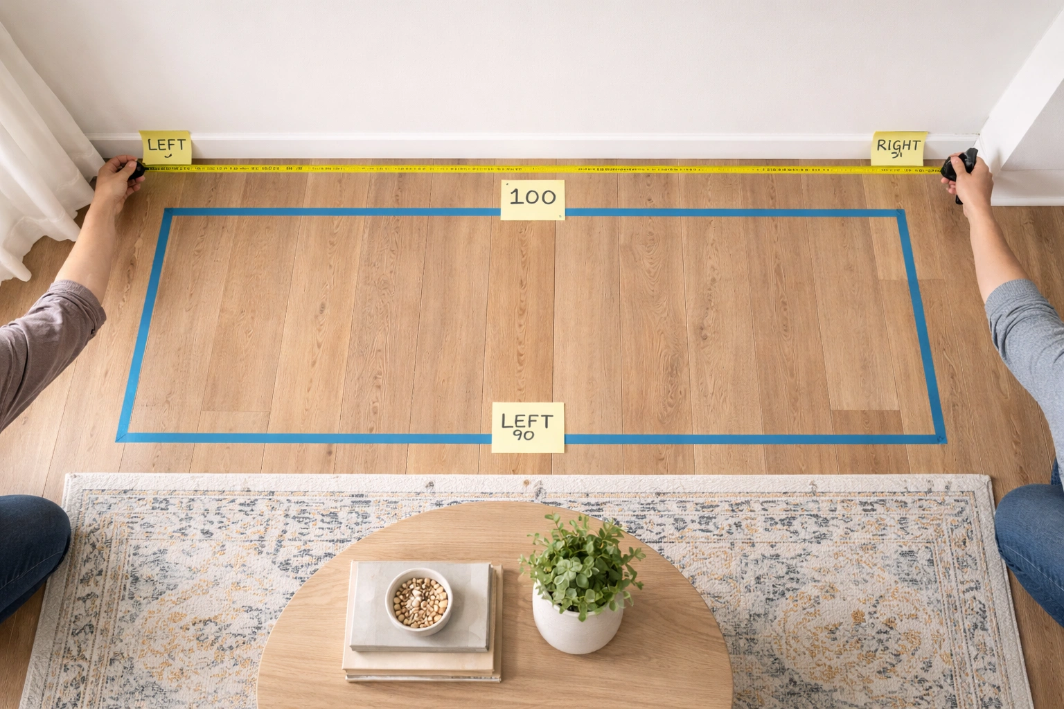 Measuring tape and dimensions diagram for a family room sofa layout