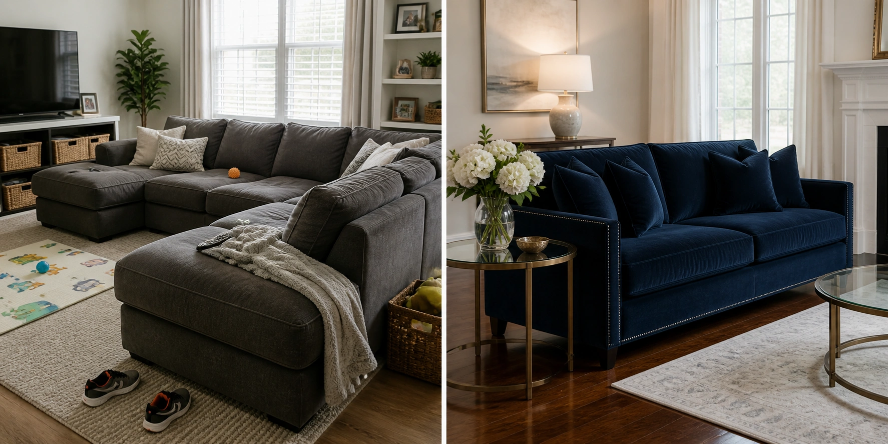 Side by side comparison of a casual family room sofa and a formal living room sofa