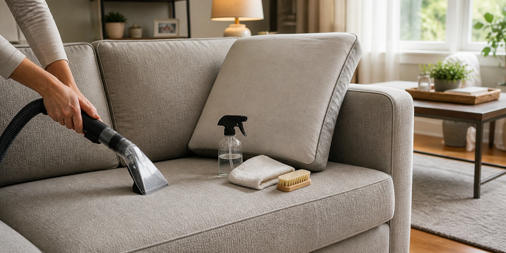 Person vacuuming and spot cleaning a family room sofa to maintain fabric condition