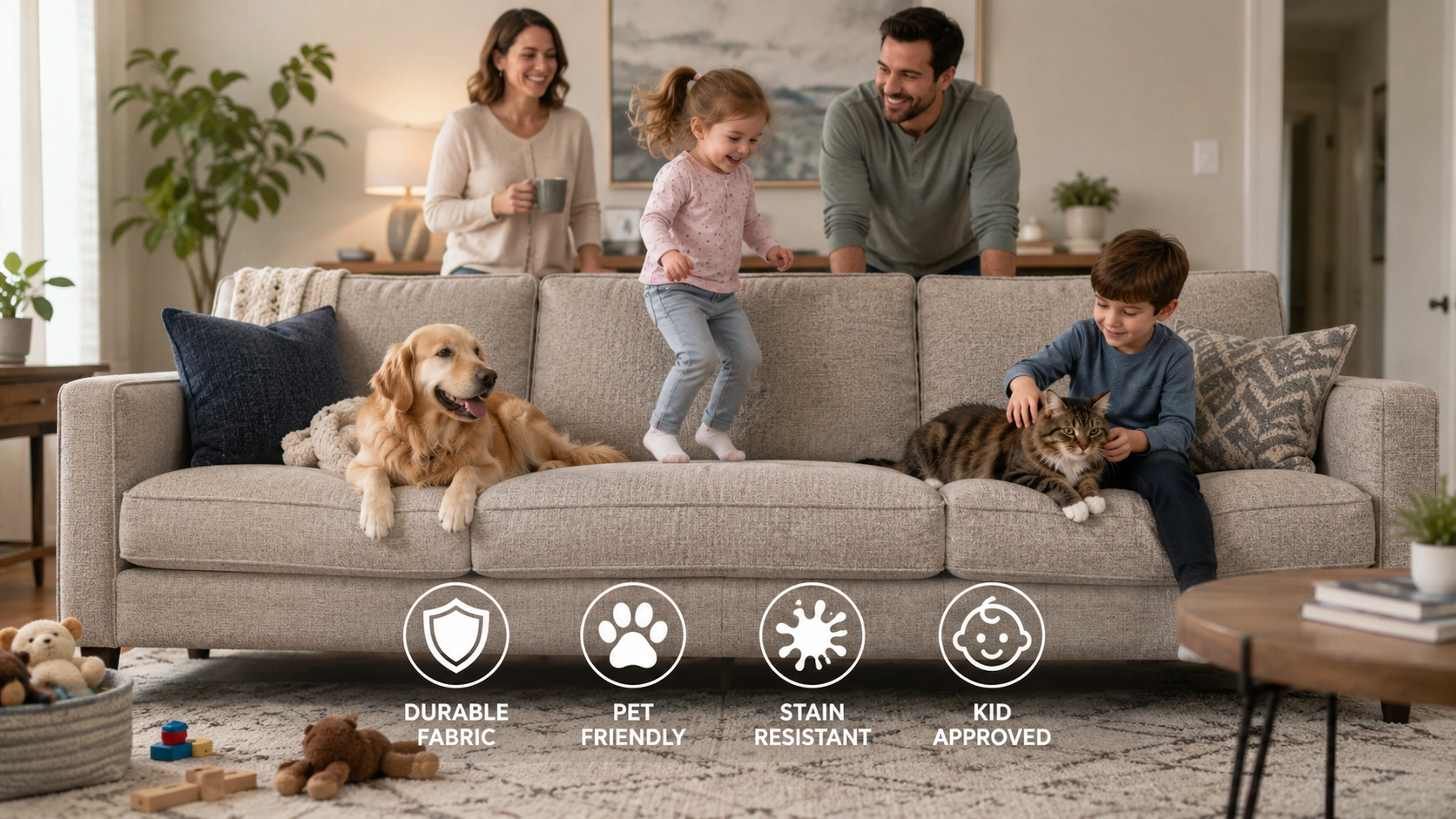 Family living room with durable fabric sofa handling kids and pets
