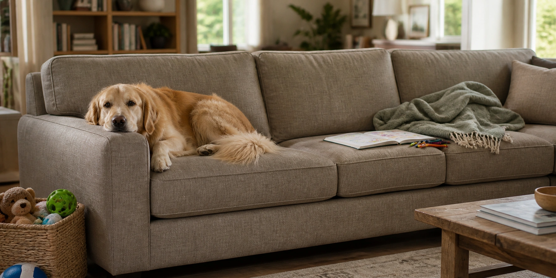 Family with kids and dog relaxing on a durable sofa in a family room