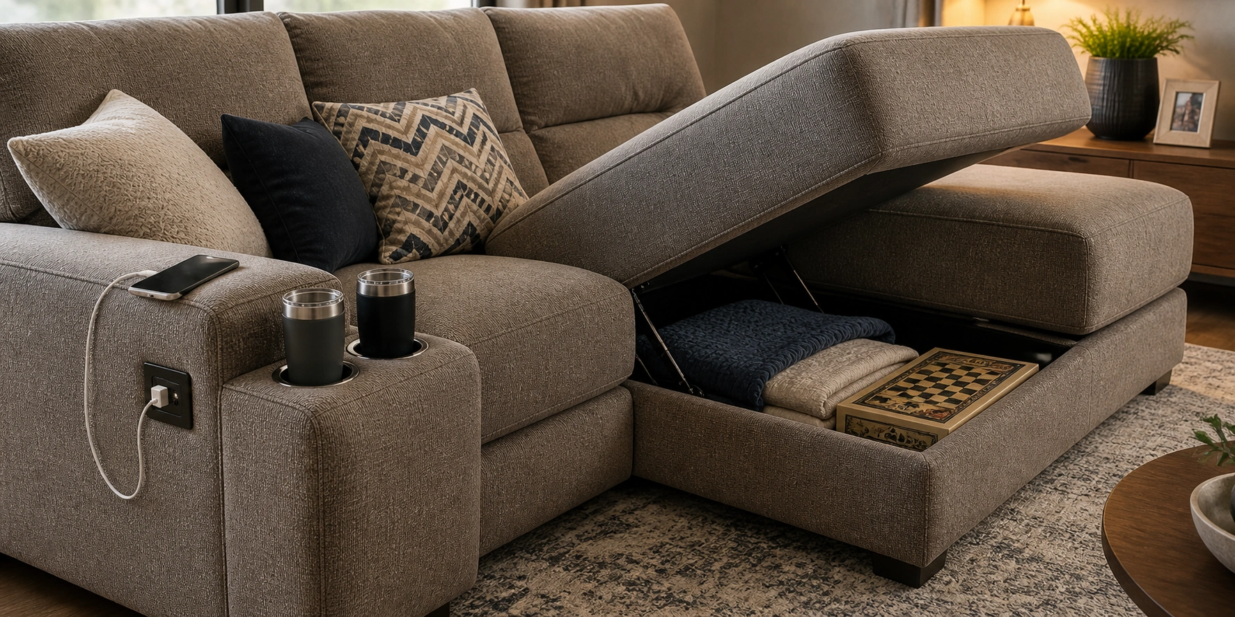 Family sofa with built-in storage compartment, USB charging ports, and cup holders