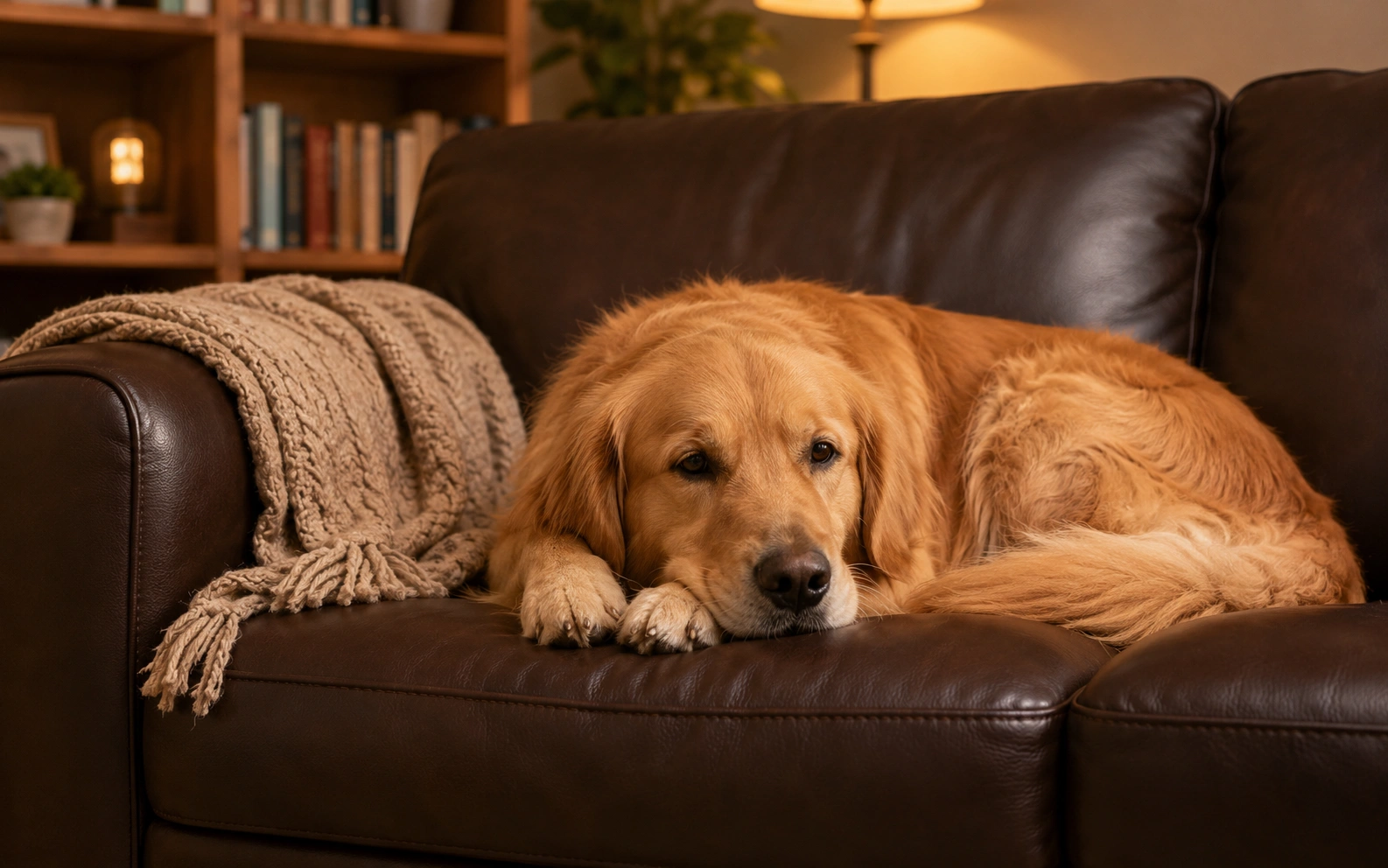 Dog sitting comfortably on a pet-friendly leather sofa