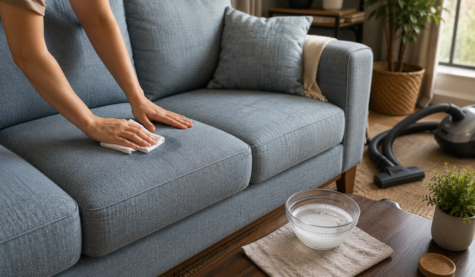 Person cleaning fabric sofa with vacuum and fabric cleaner