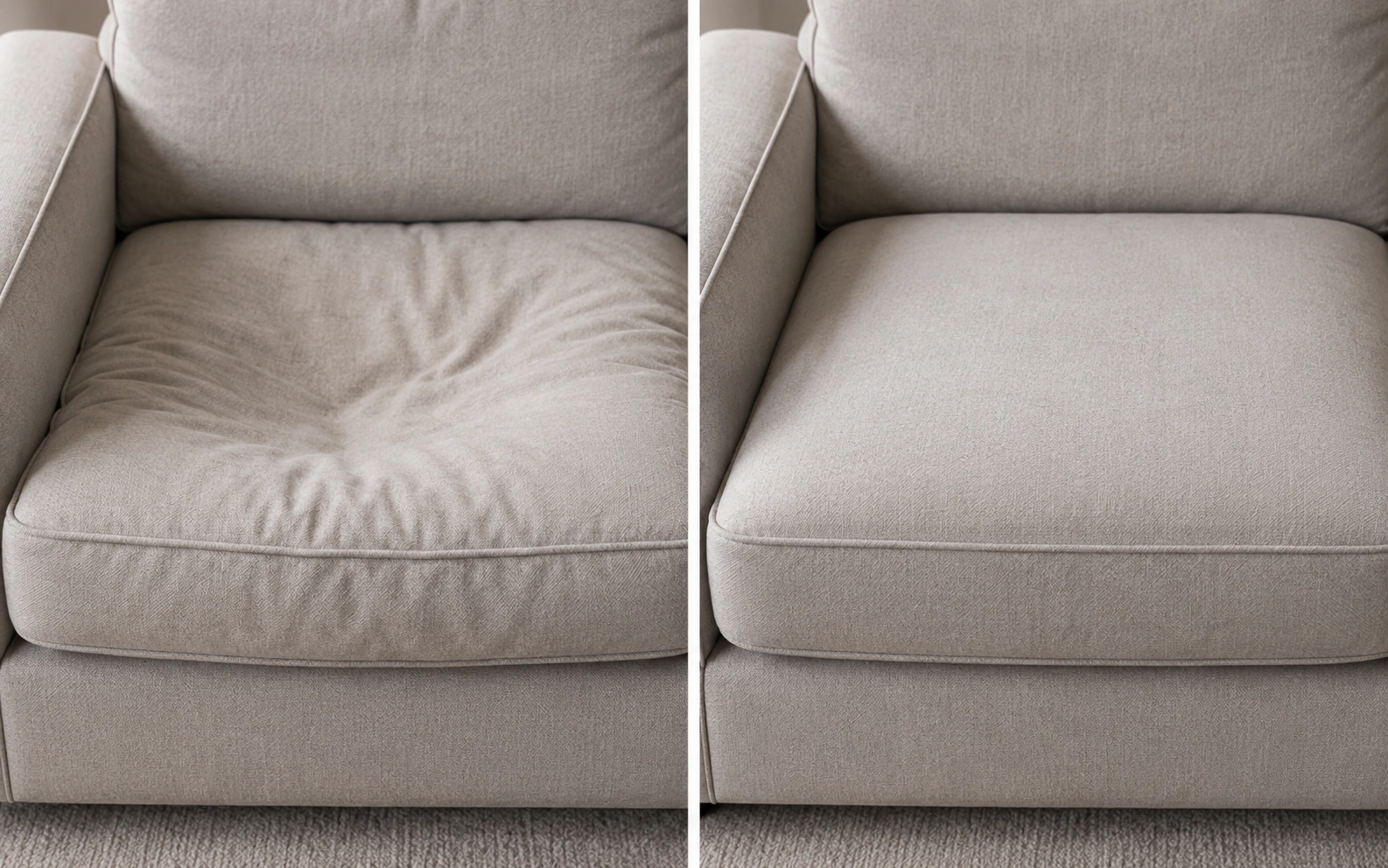Side by side comparison of sagging vs restored sofa cushions