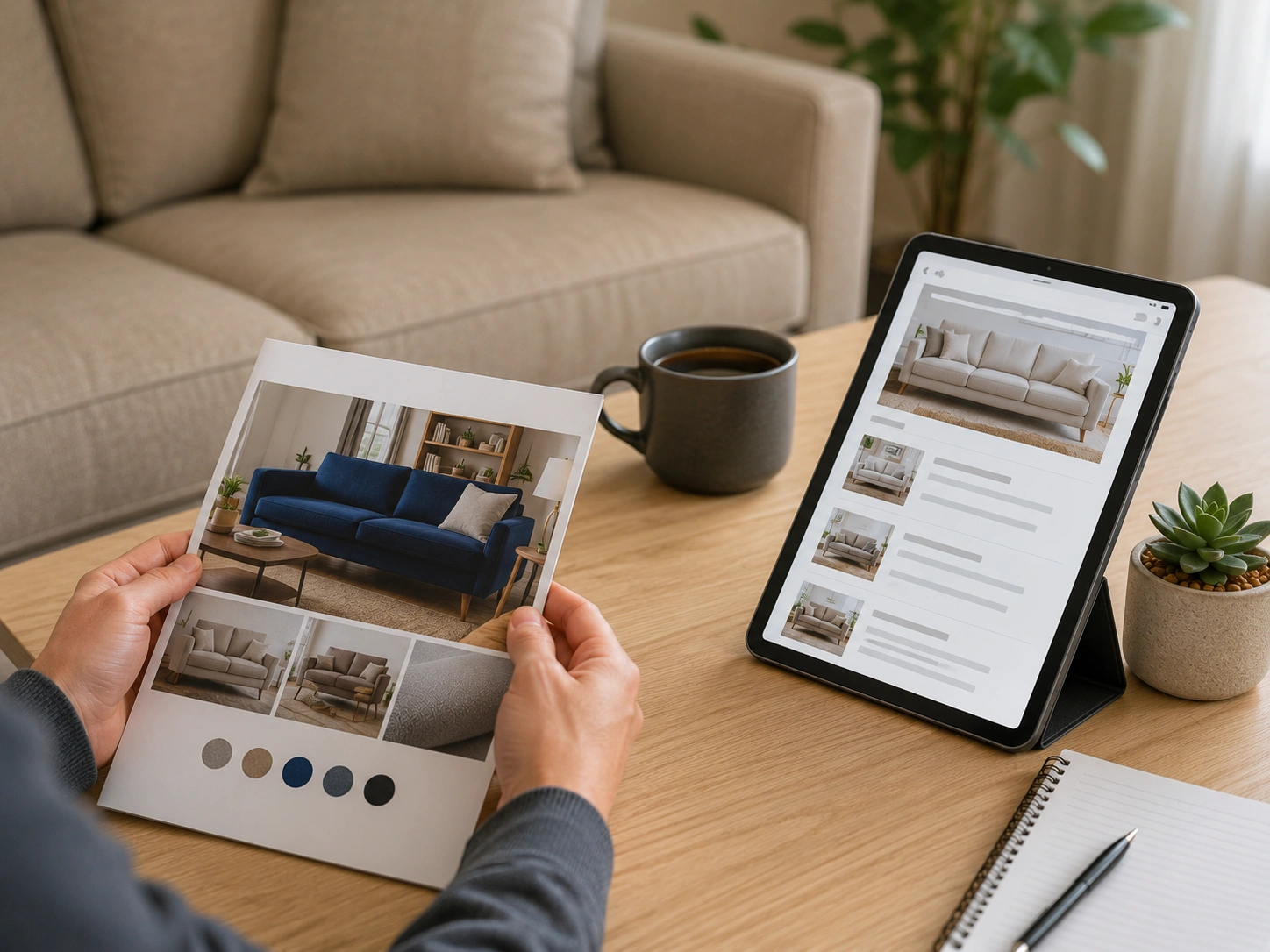 Person reading sofa buying guide with notepad