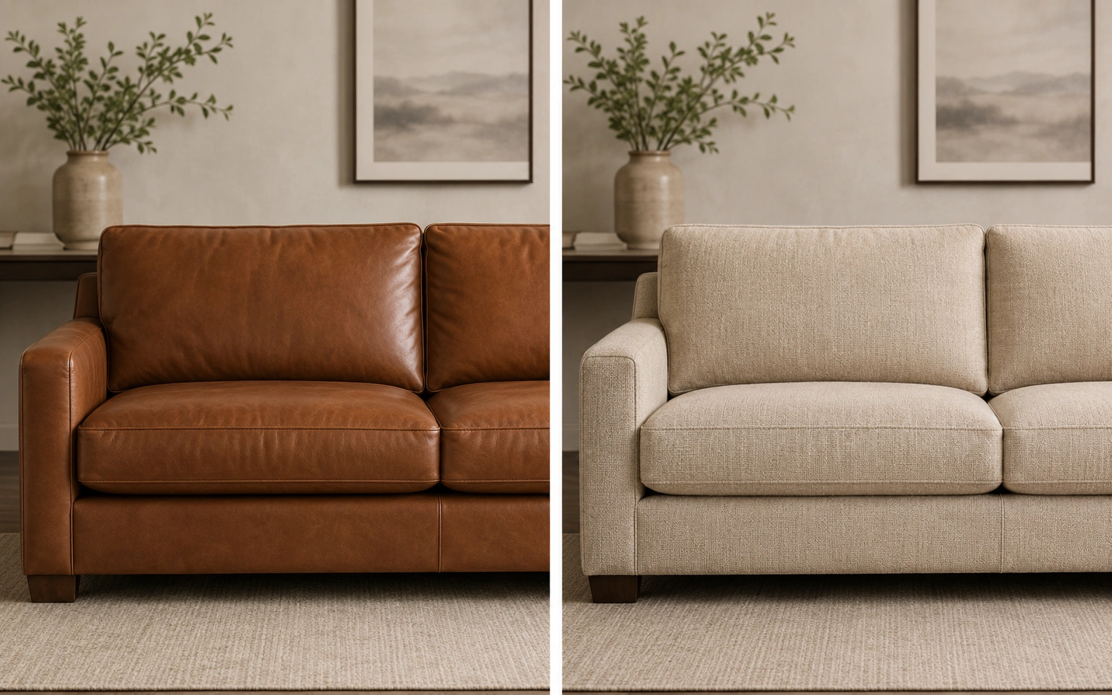 Side by side comparison of leather and fabric sofa