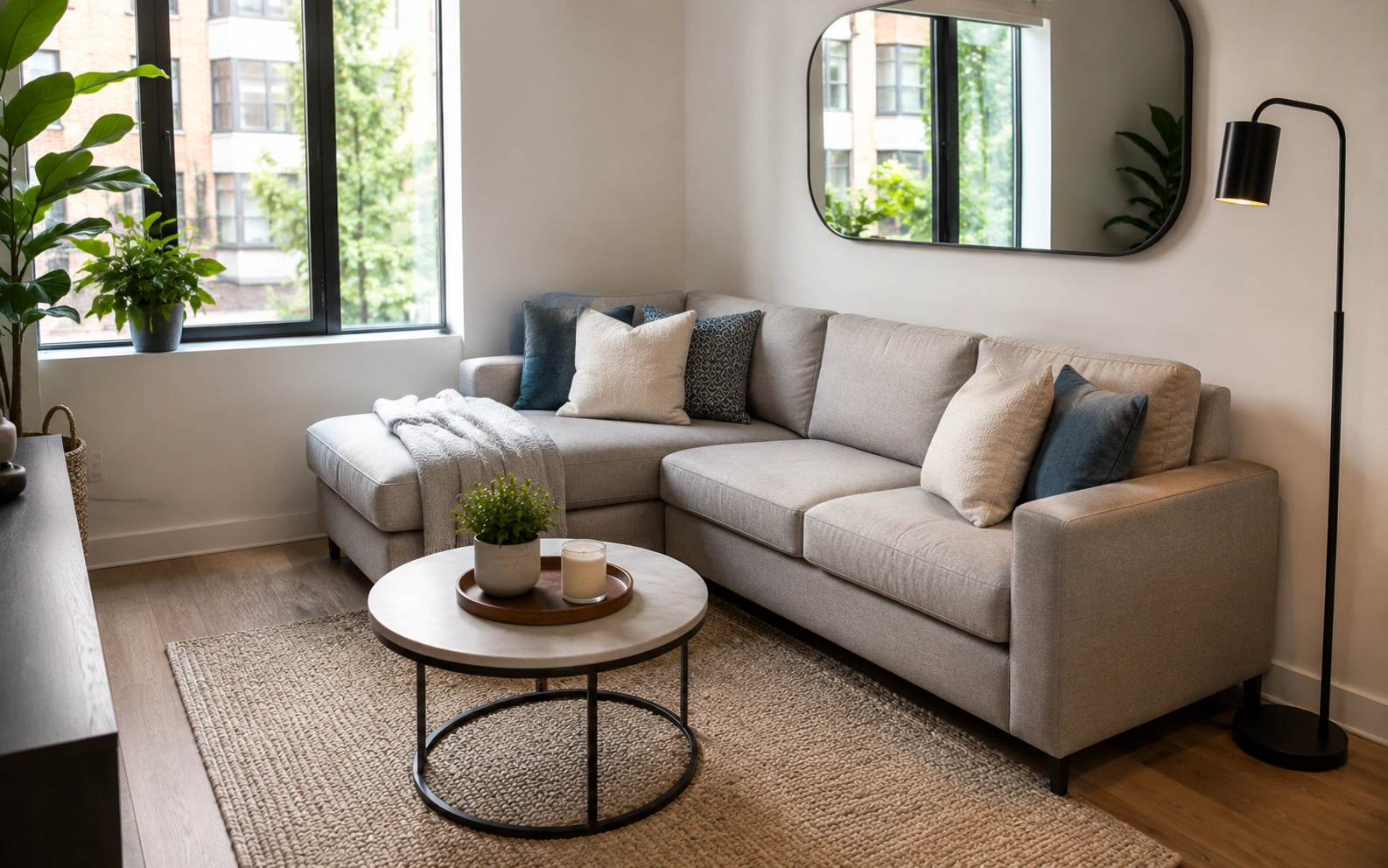 Small sectional sofa arranged in a compact living room