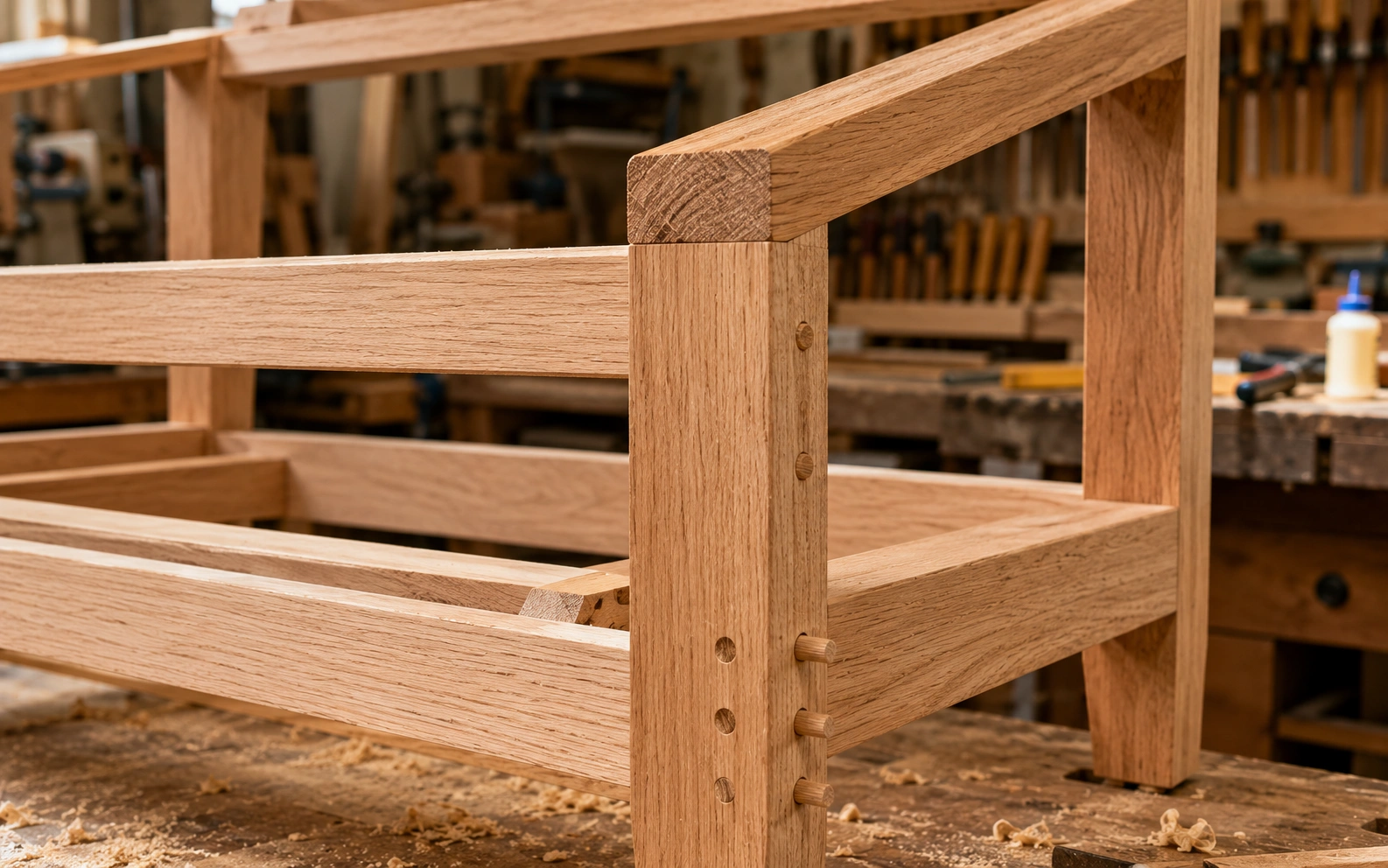 Close-up of kiln-dried hardwood sofa frame construction