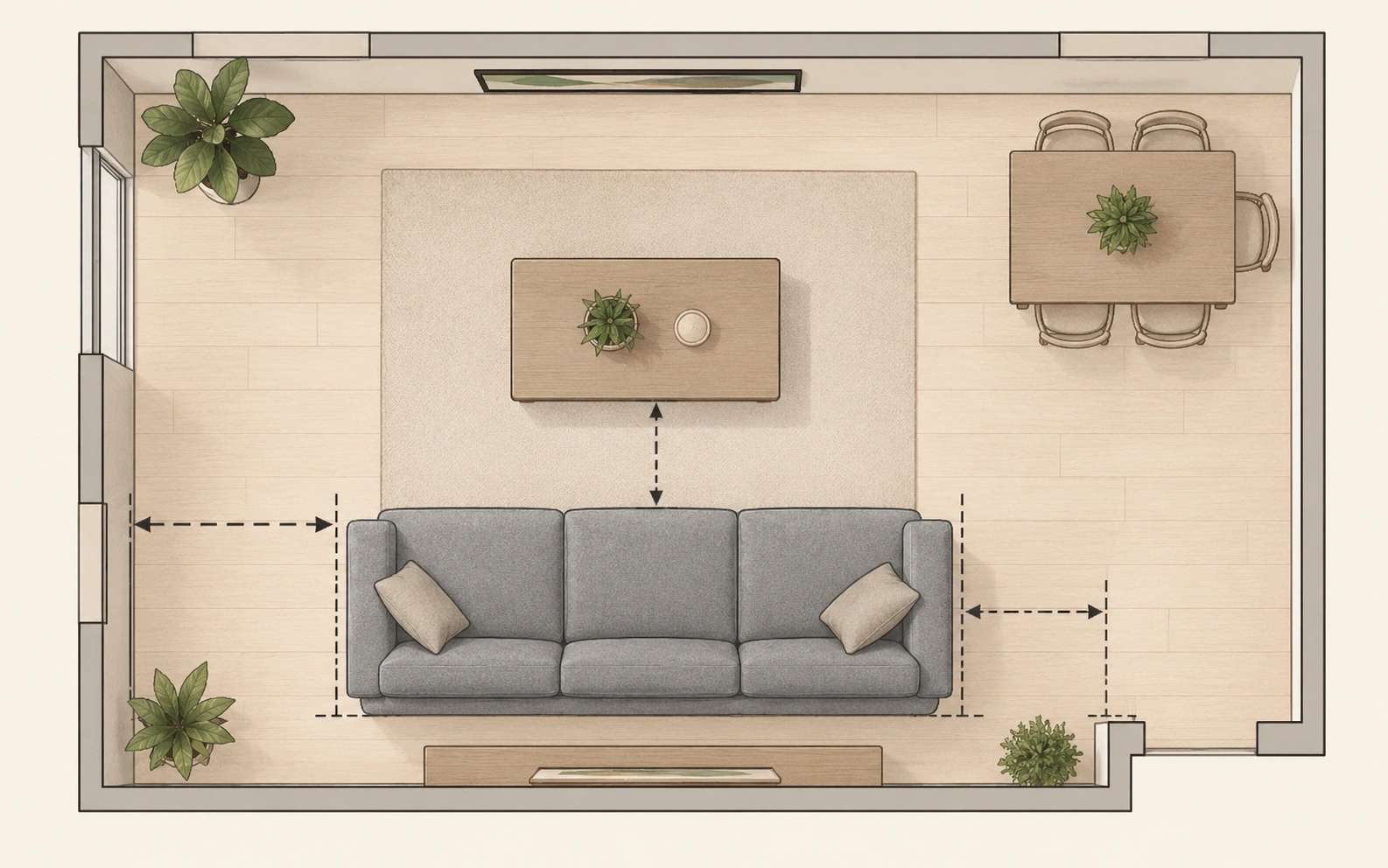 Diagram showing sofa sizing proportions in a living room